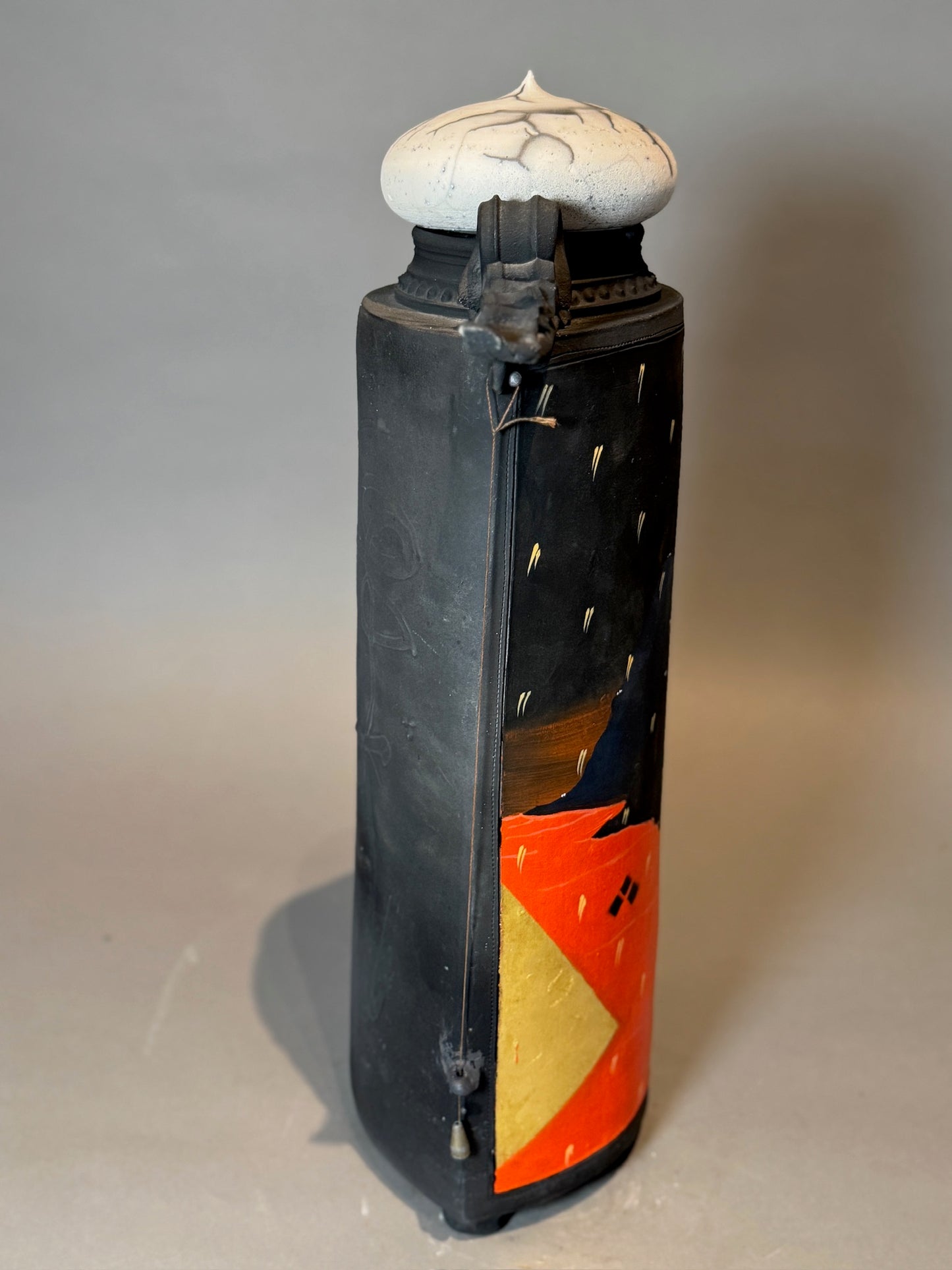 Striking Signed Hand-Painted Sculptural Ceramic Jar with Lid – Abstract & Contemporary Art Pottery