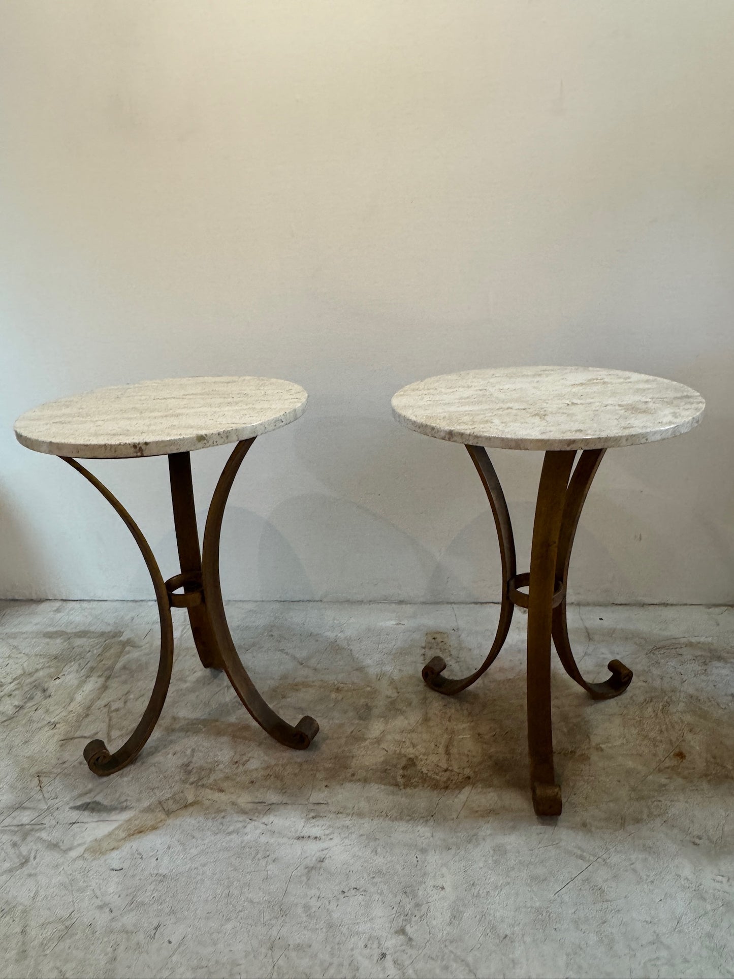 Pair of Italian iron side tables with marble tops (2 tables)