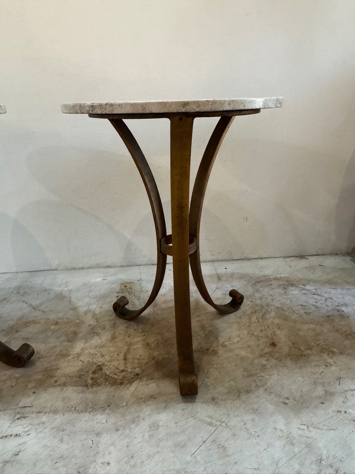 Pair of Italian iron side tables with marble tops (2 tables)