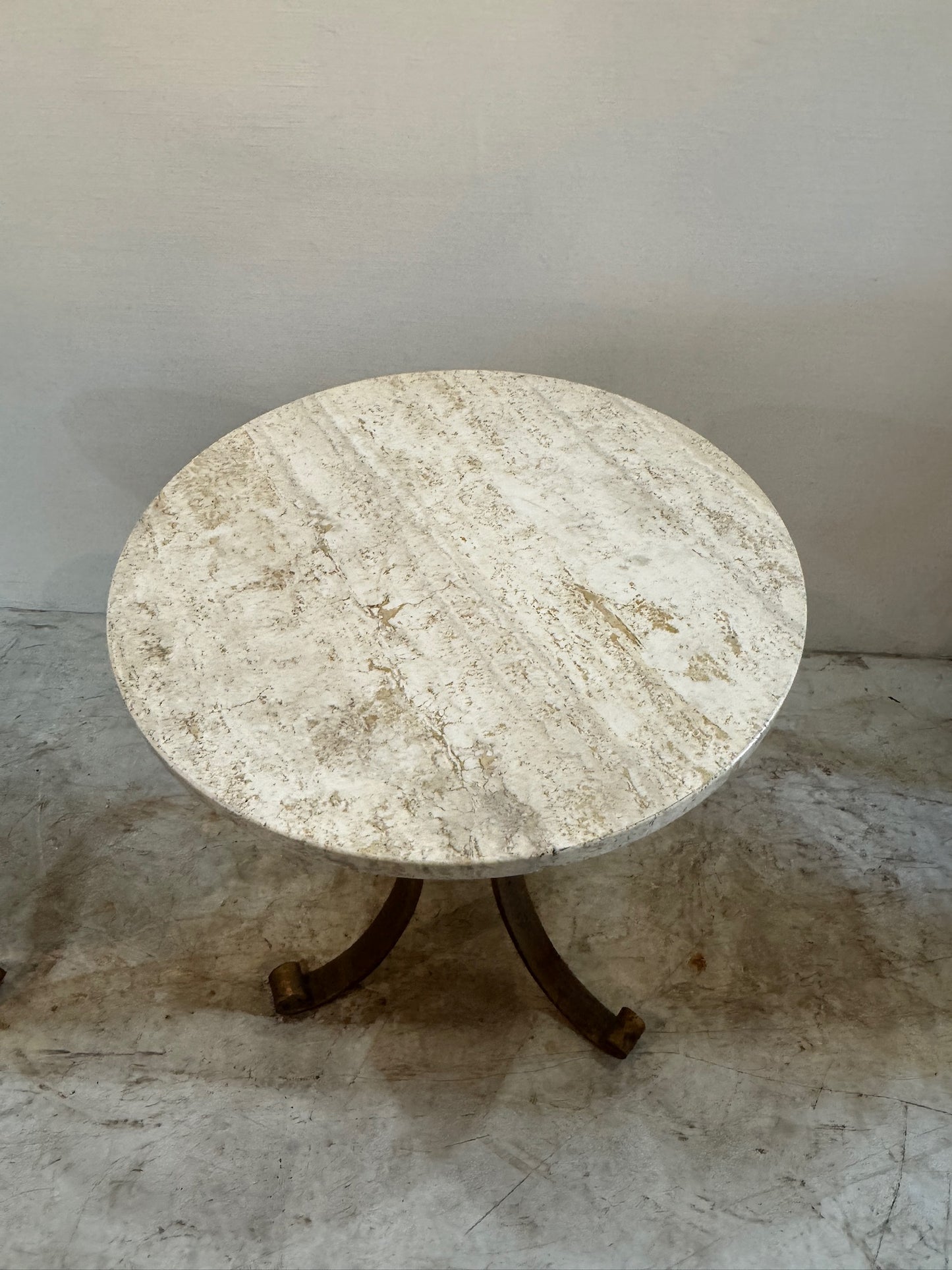Pair of Italian iron side tables with marble tops (2 tables)