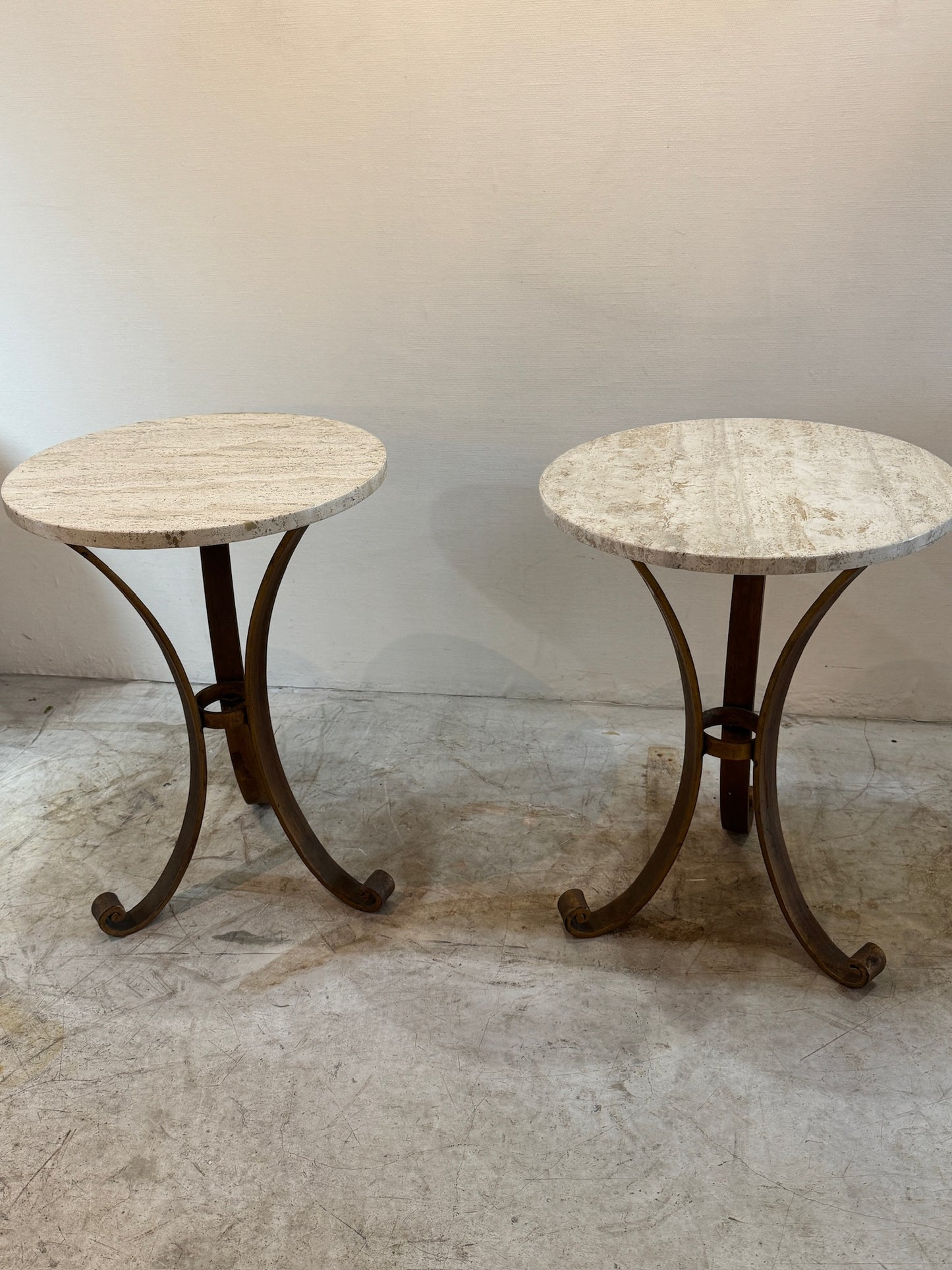 Pair of Italian iron side tables with marble tops (2 tables)