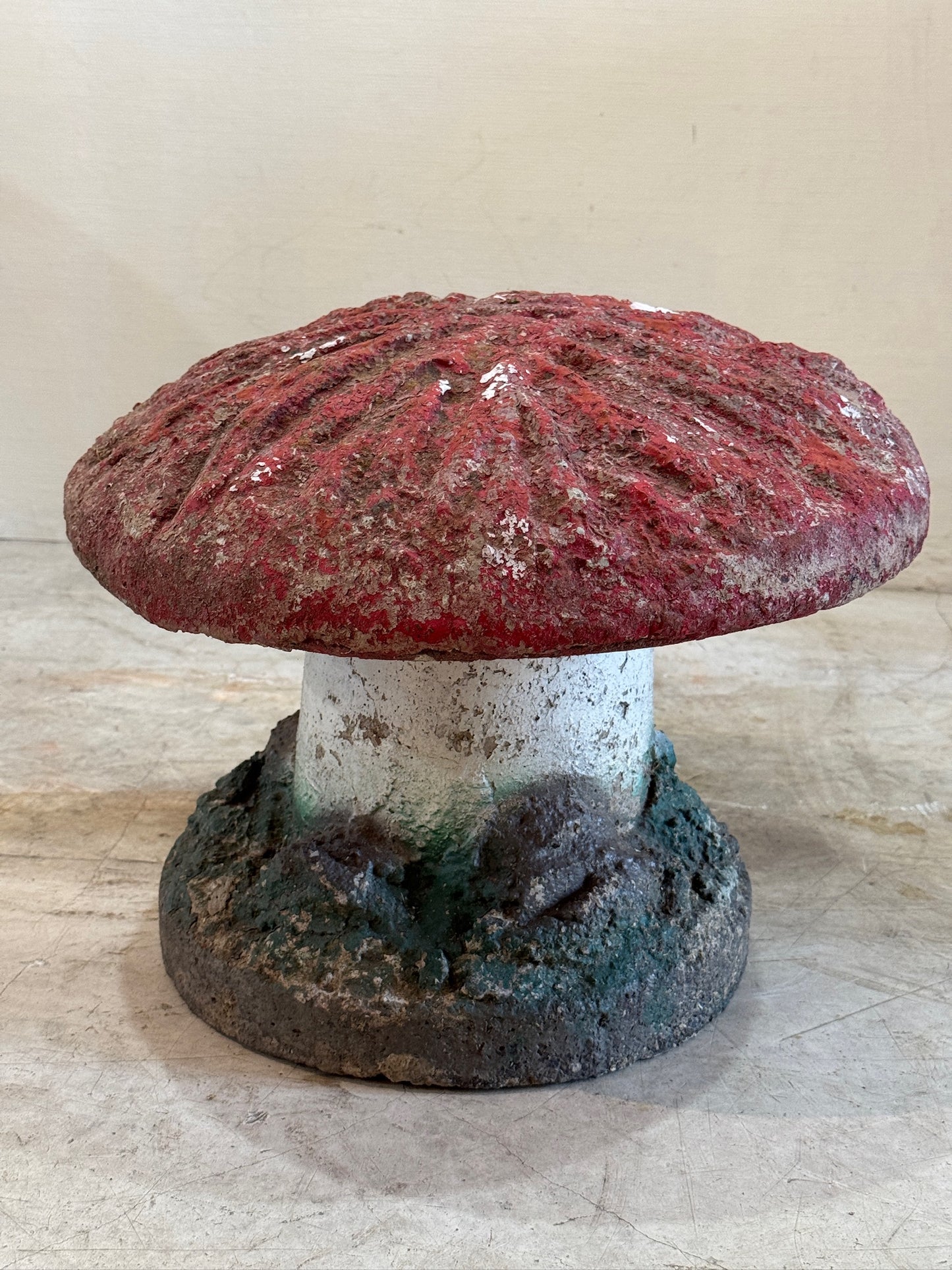Vintage Hand-Painted Concrete Garden Mushroom Statue – Whimsical Toadstool Decor
