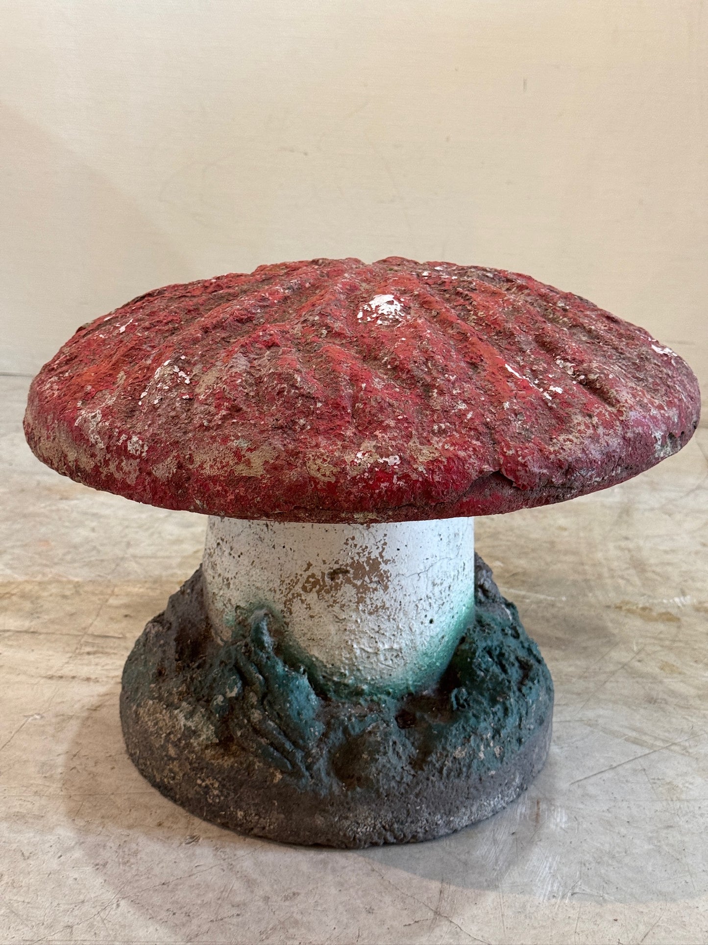 Vintage Hand-Painted Concrete Garden Mushroom Statue – Whimsical Toadstool Decor