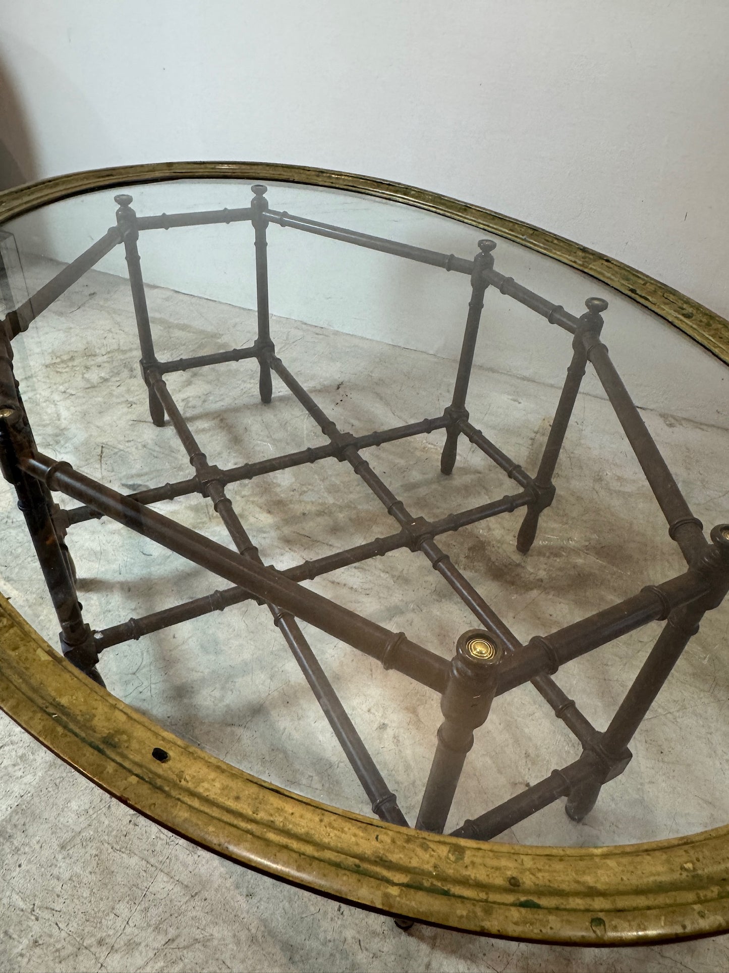 Mid-Century Faux Bamboo Brass & Glass Coffee Table, Attributed to Baker