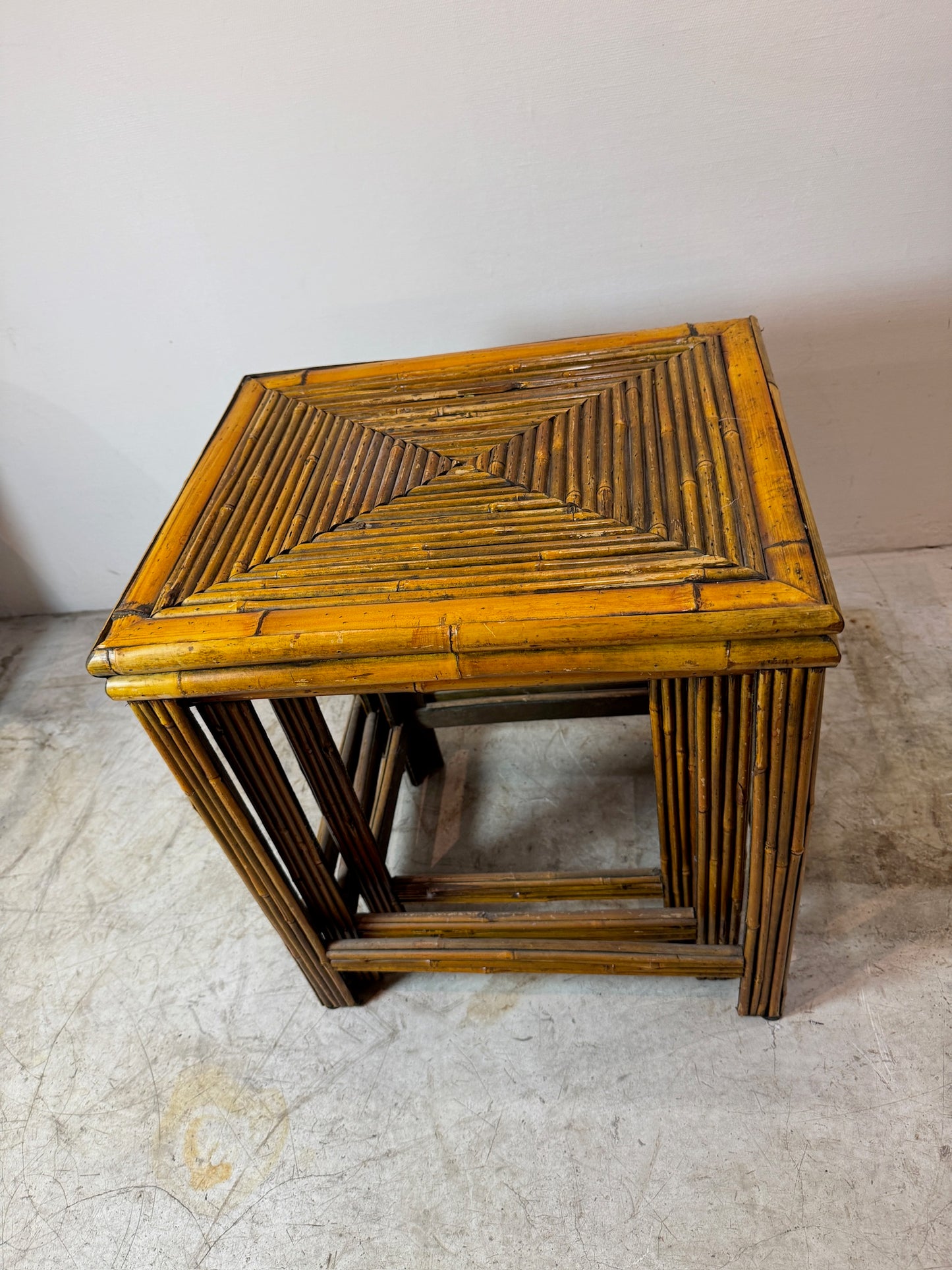 Vintage Bamboo & Rattan Nesting Tables – Set of Three, Mid-Century Tropical Boho