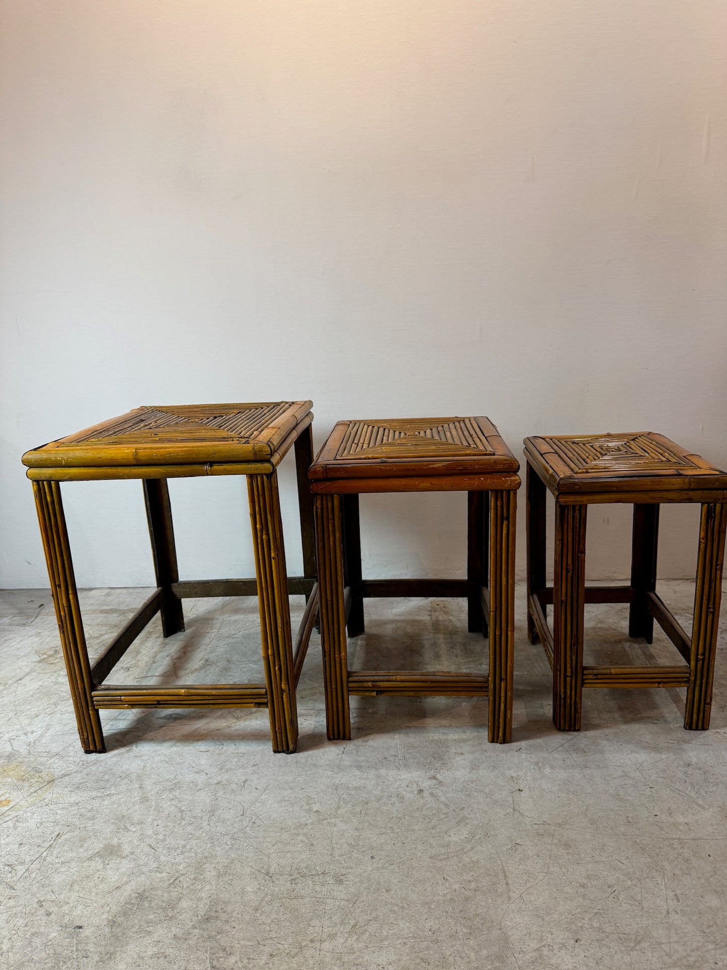 Vintage Bamboo & Rattan Nesting Tables – Set of Three, Mid-Century Tropical Boho