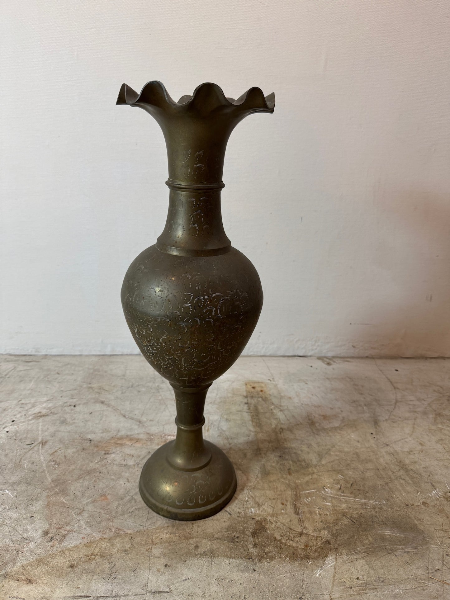 Vintage Engraved Brass Fluted Vase