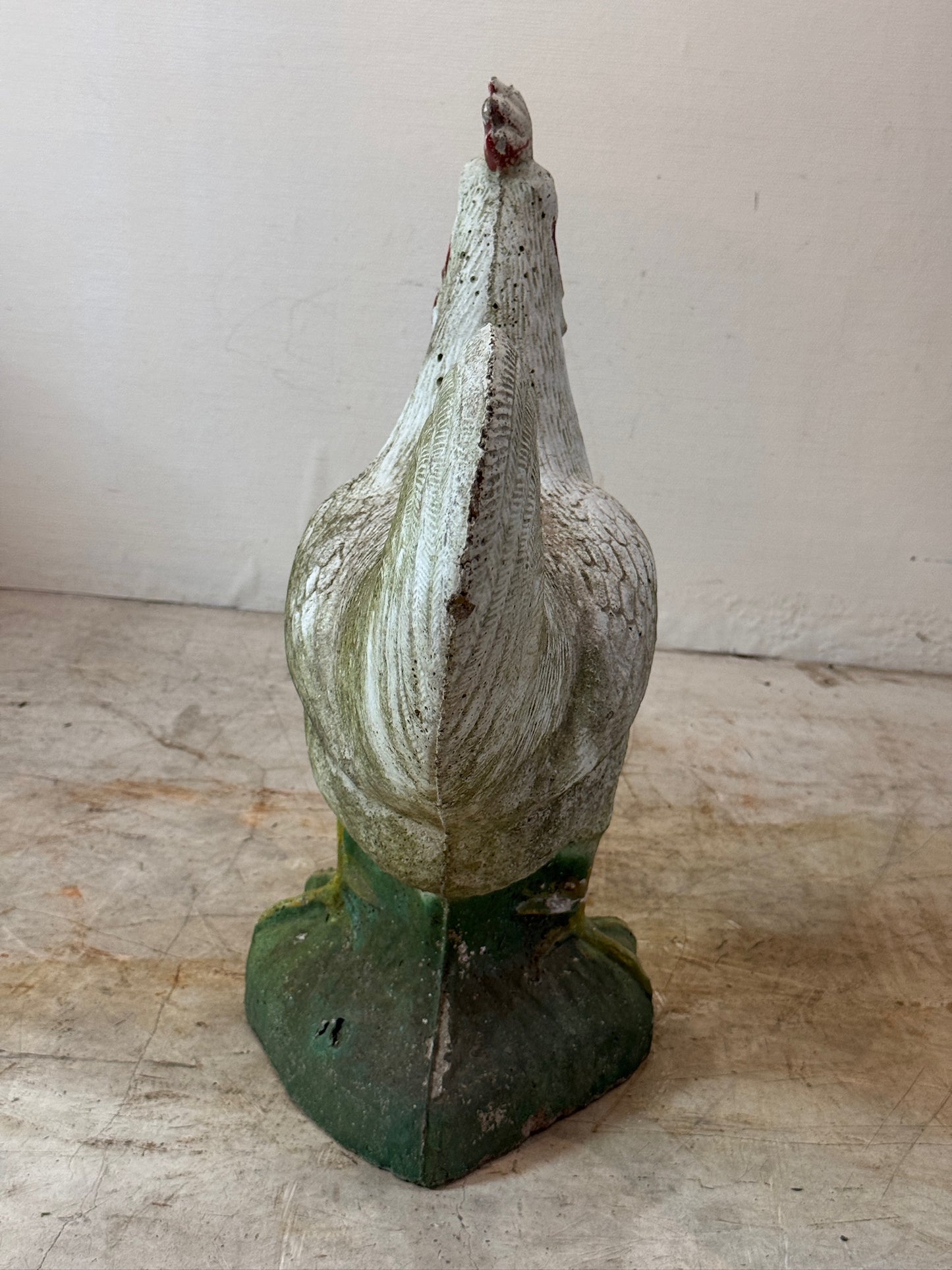 Antique French Painted Cast Concrete Rooster Garden Statue