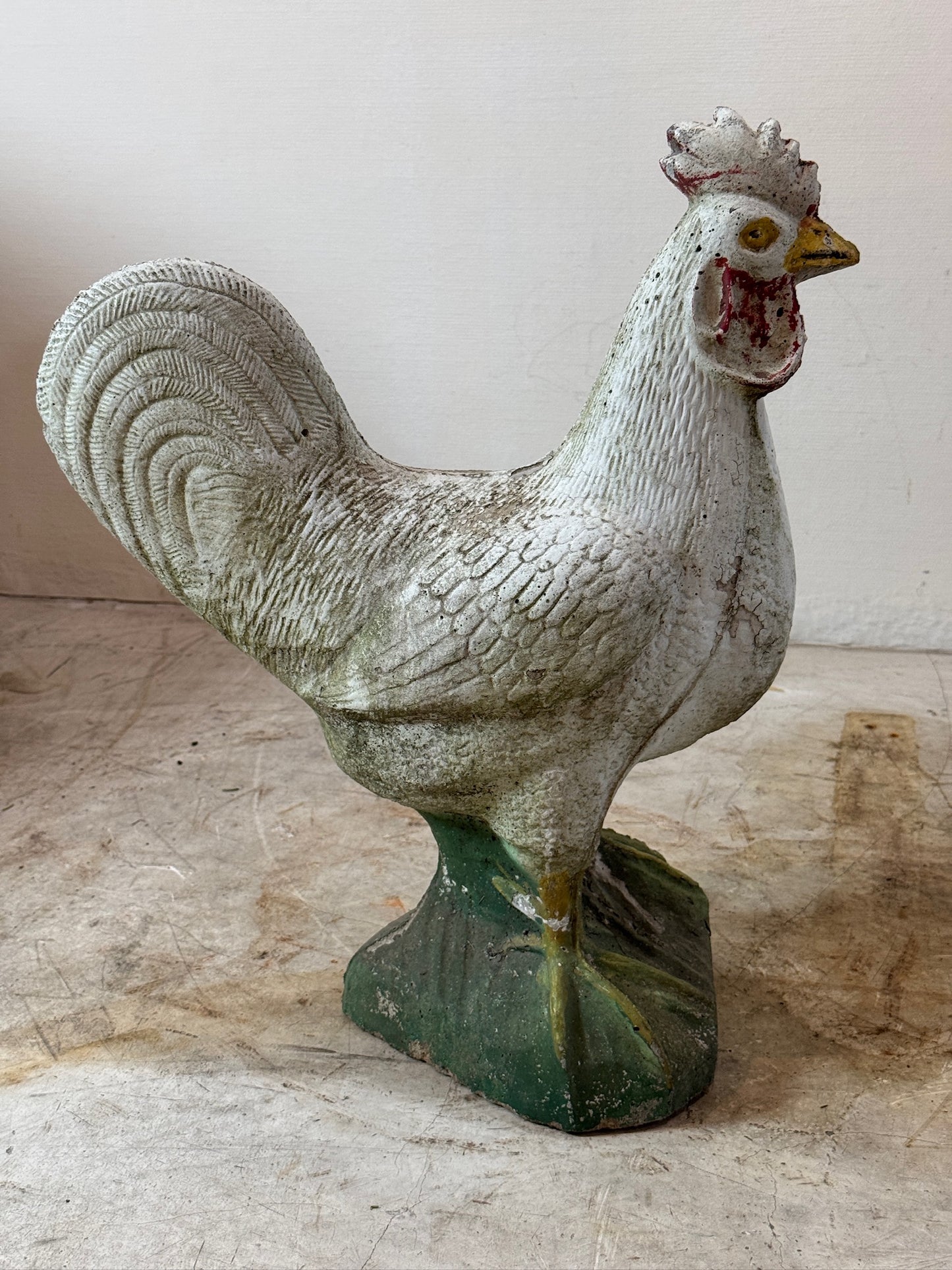 Antique French Painted Cast Concrete Rooster Garden Statue