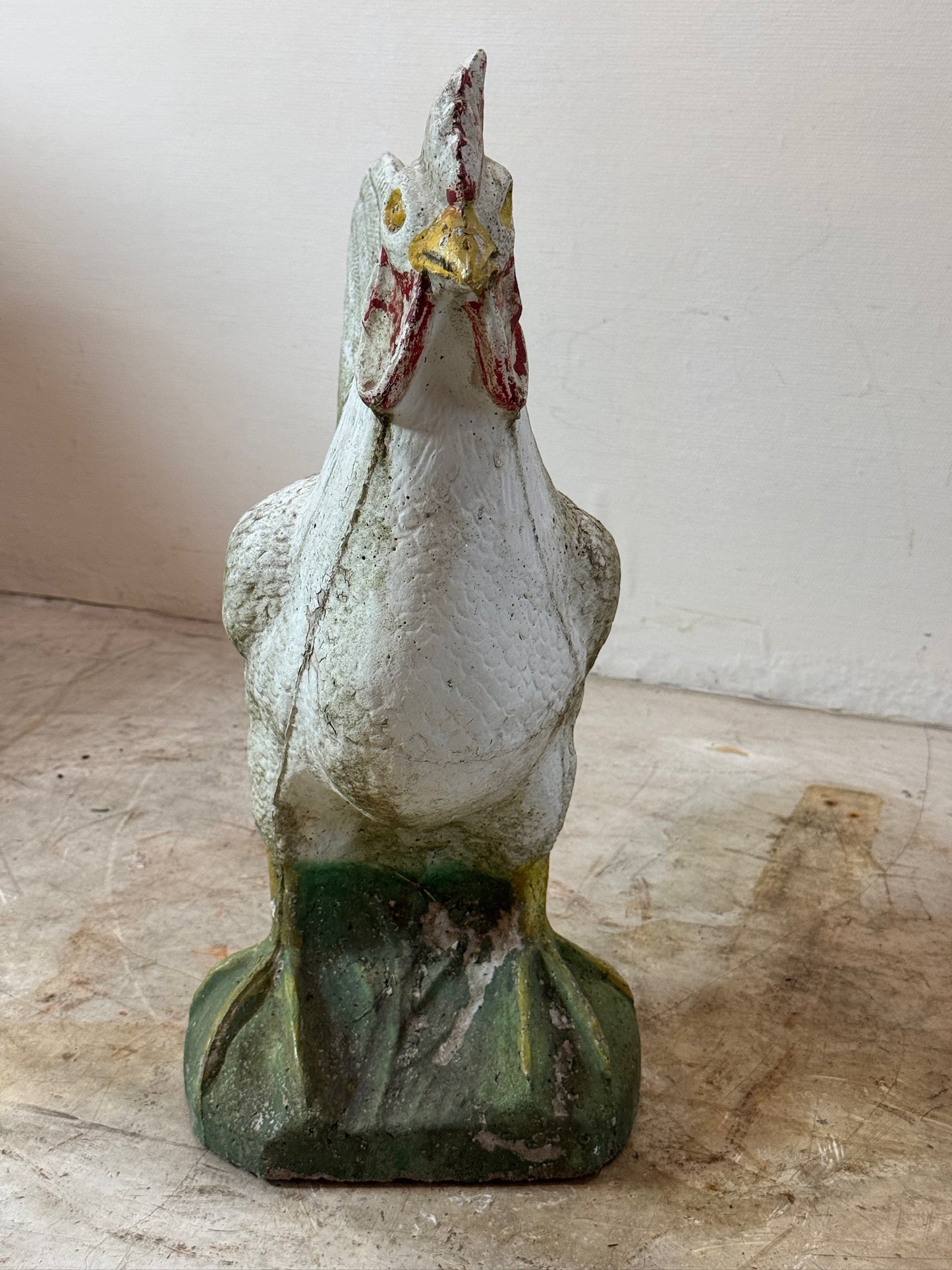 Antique French Painted Cast Concrete Rooster Garden Statue