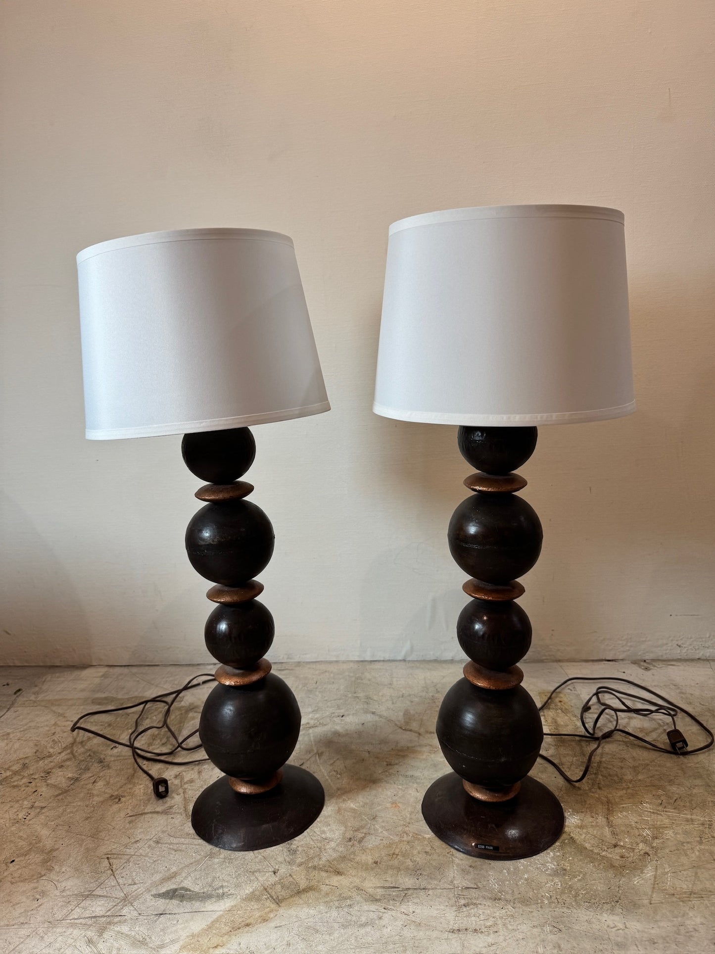Pair of Vintage Metal Table Lamps with White Drum Shades