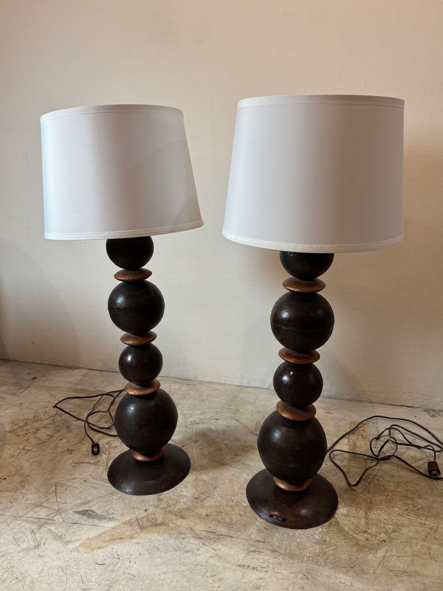 Pair of Vintage Metal Table Lamps with White Drum Shades