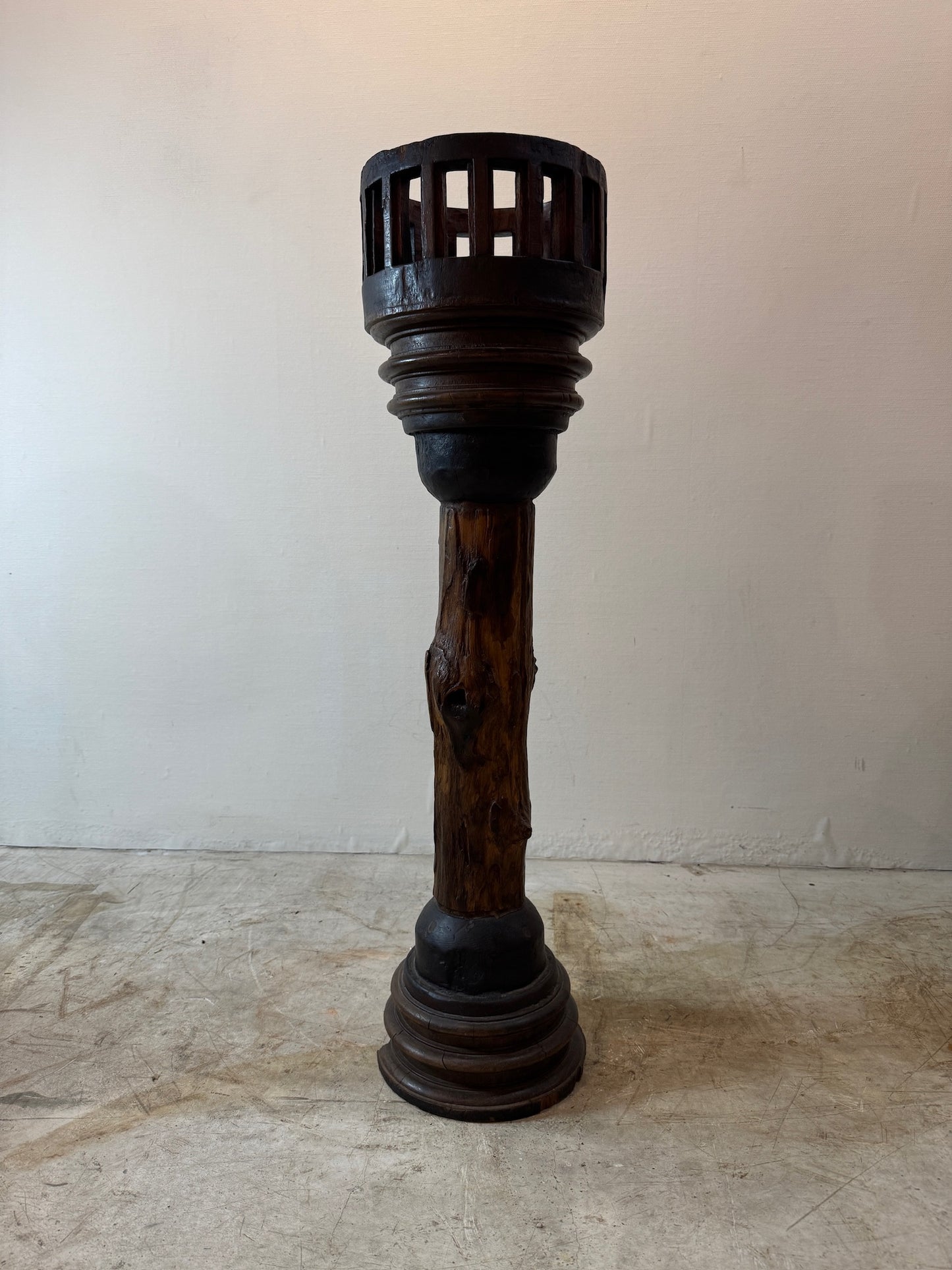 Antique Rustic Wooden Plant Stand with Wheel Axle Base