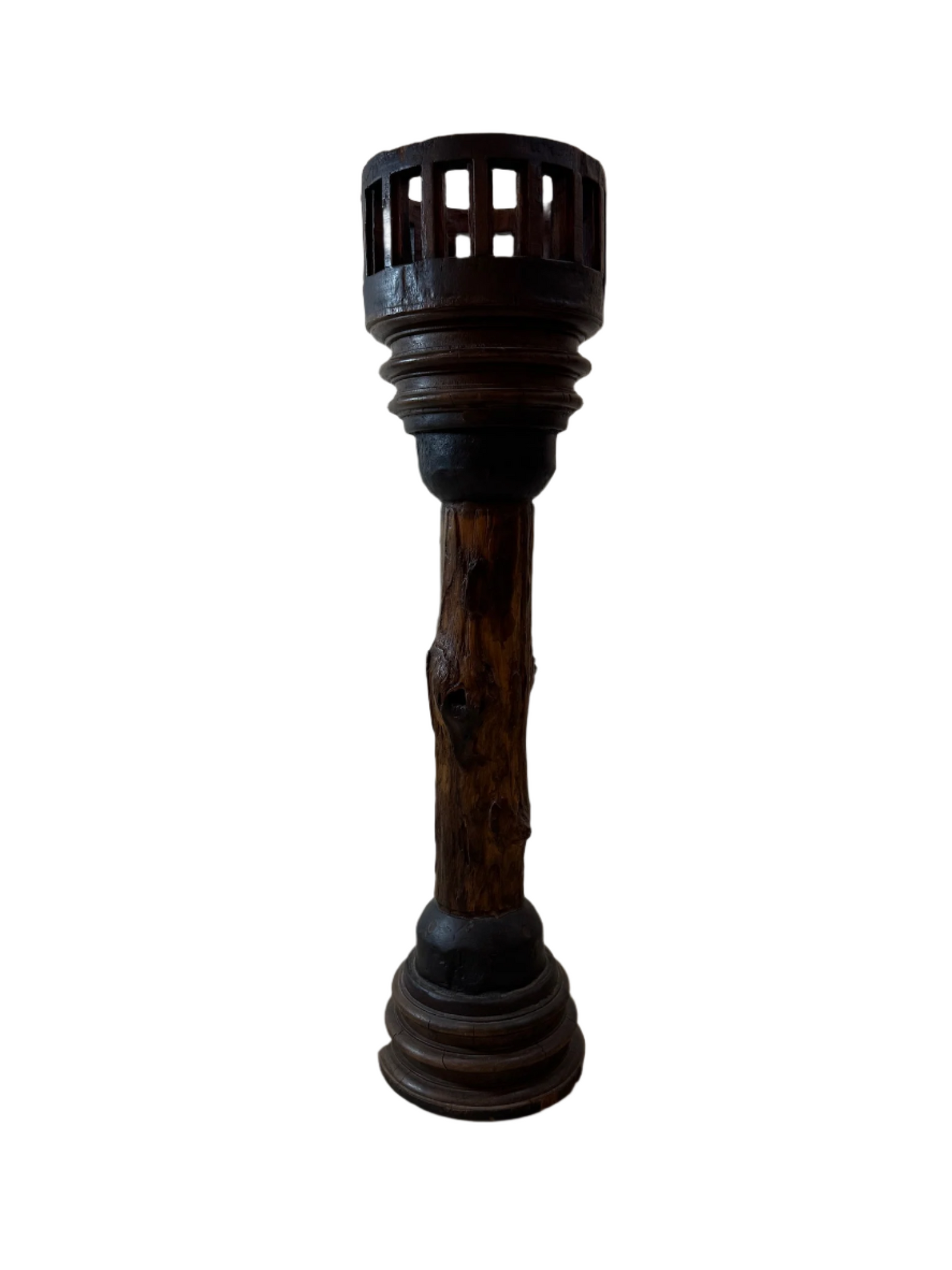 Antique Rustic Wooden Plant Stand with Wheel Axle Base