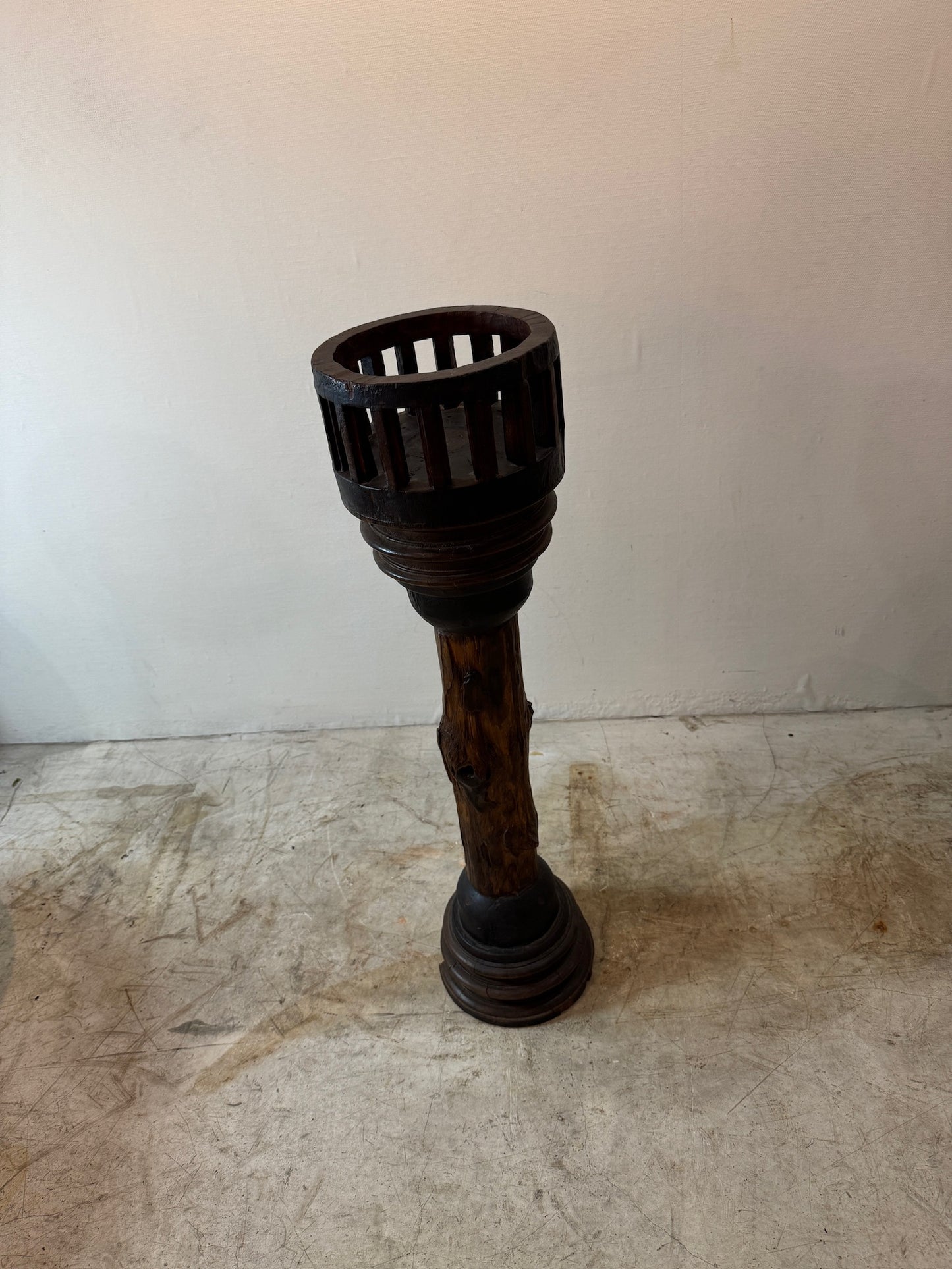 Antique Rustic Wooden Plant Stand with Wheel Axle Base