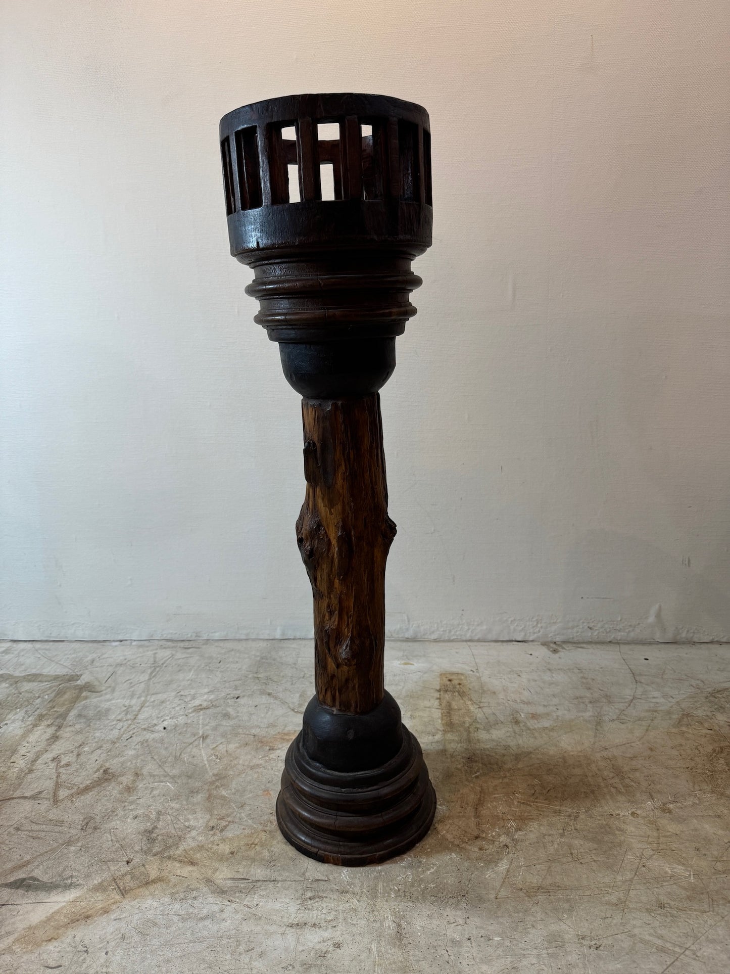 Antique Rustic Wooden Plant Stand with Wheel Axle Base