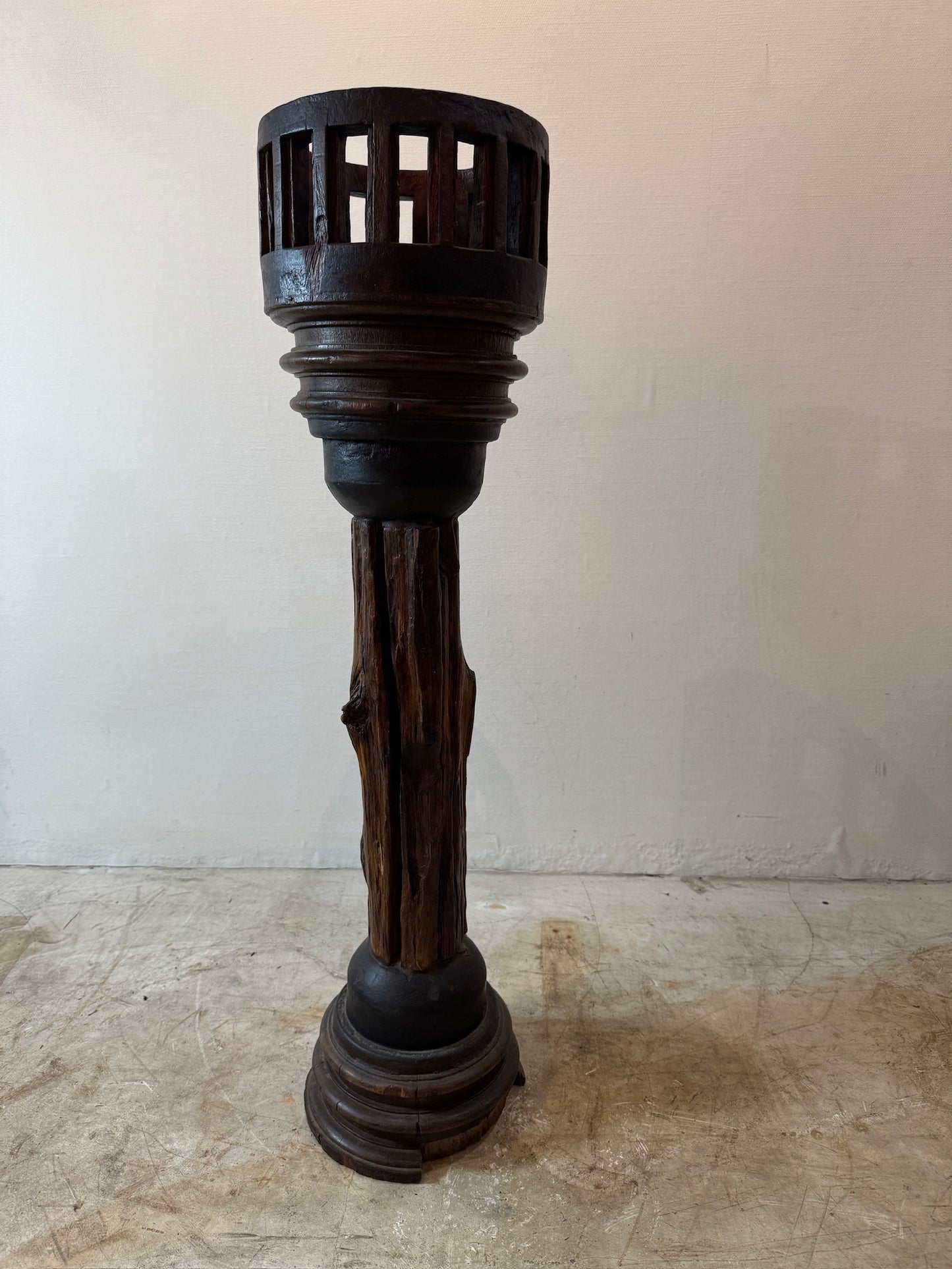 Antique Rustic Wooden Plant Stand with Wheel Axle Base