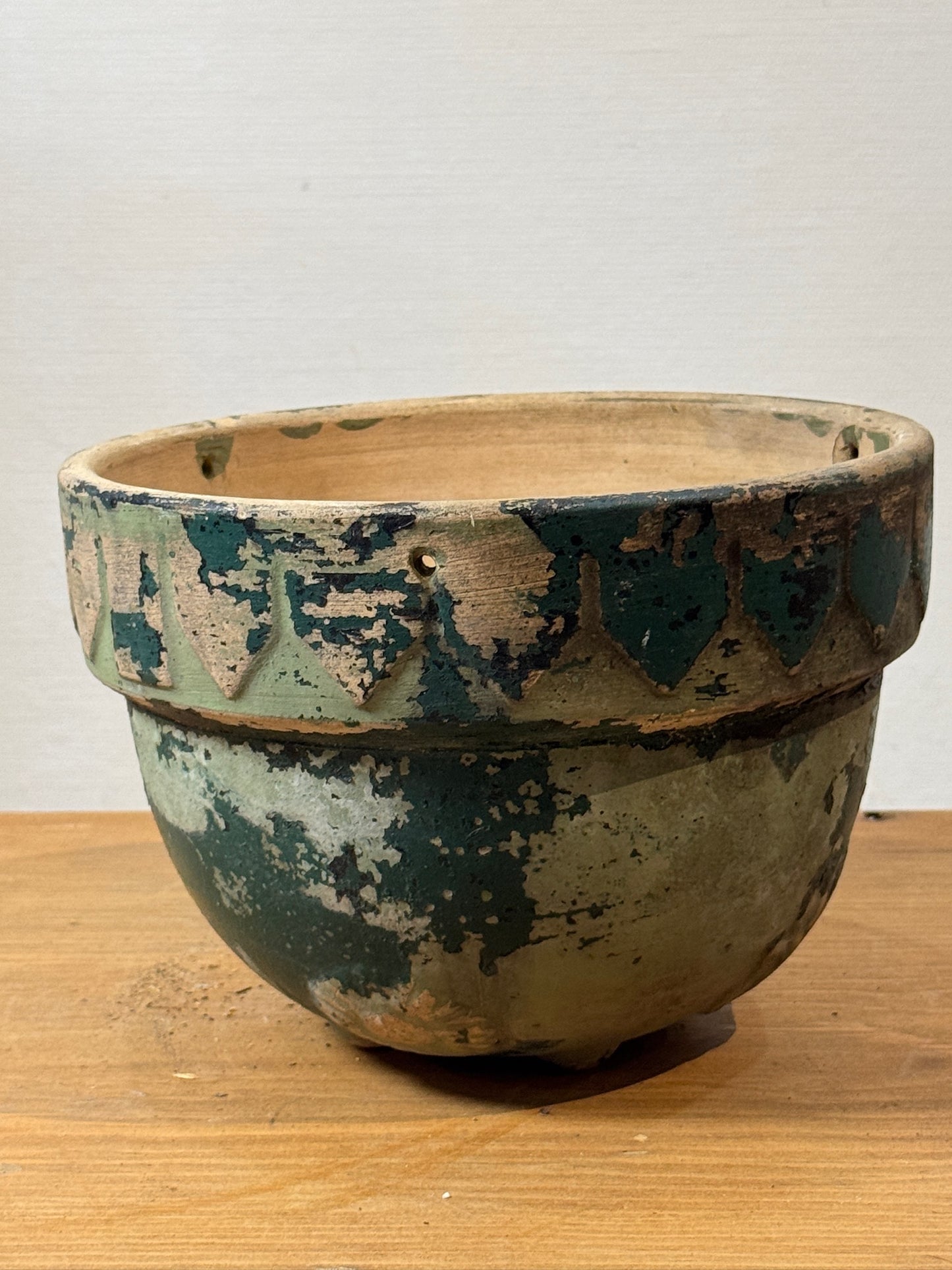 Antique Handcrafted Green Patina Pottery Bowl with Decorative Motifs