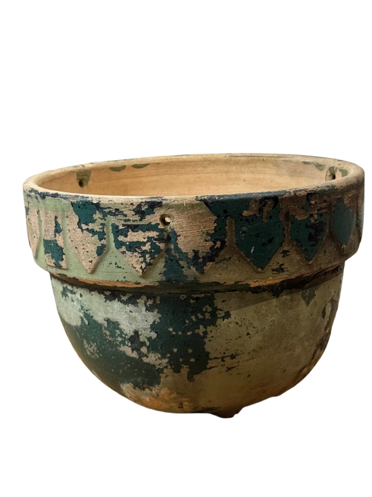 Antique Handcrafted Green Patina Pottery Bowl with Decorative Motifs