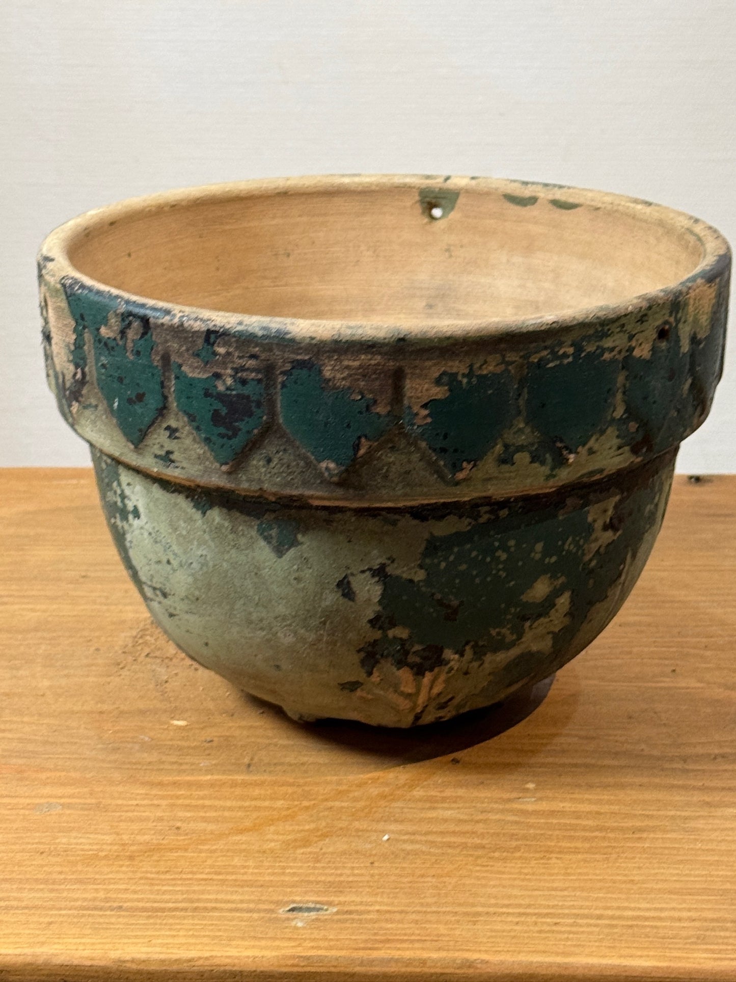 Antique Handcrafted Green Patina Pottery Bowl with Decorative Motifs