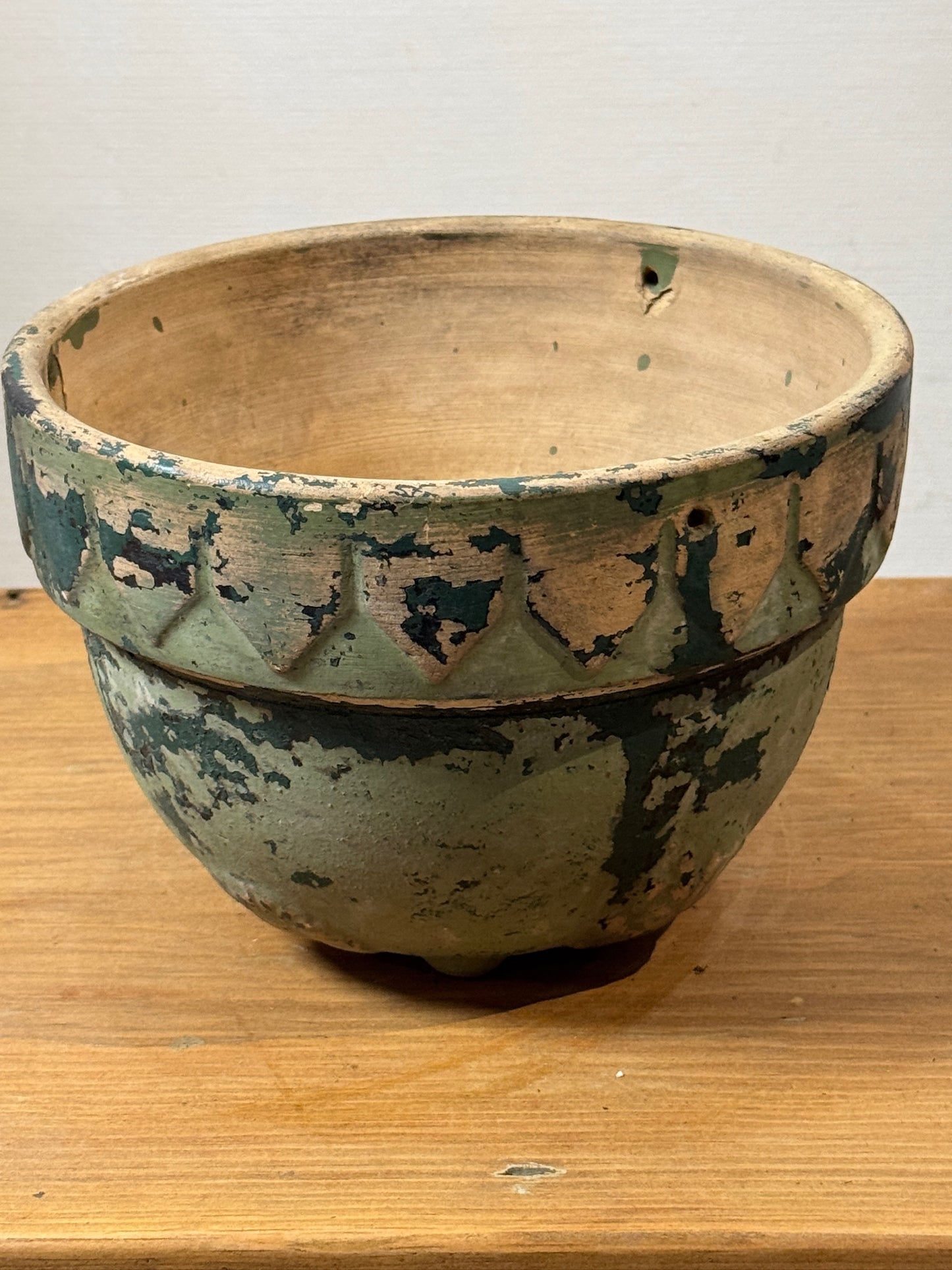 Antique Handcrafted Green Patina Pottery Bowl with Decorative Motifs
