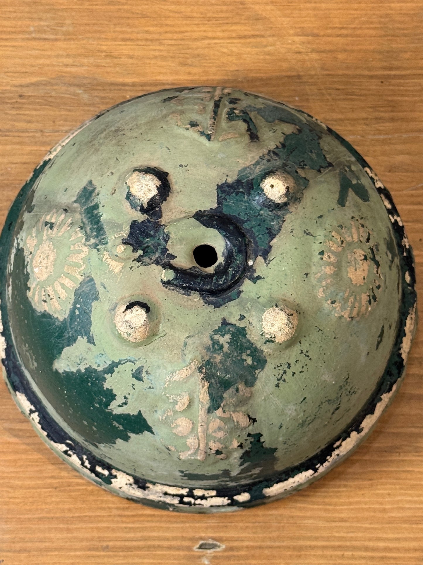 Antique Handcrafted Green Patina Pottery Bowl with Decorative Motifs