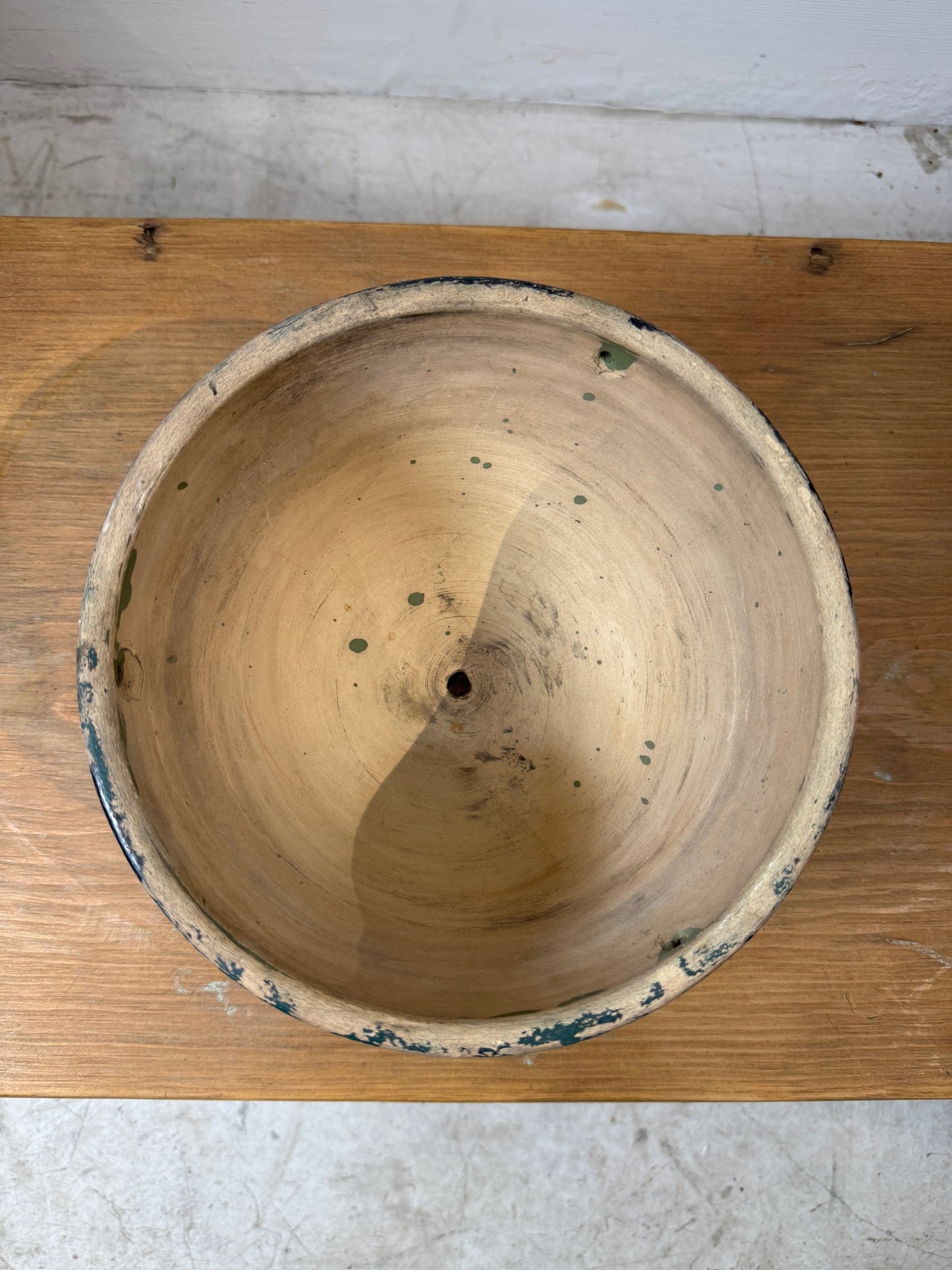 Antique Handcrafted Green Patina Pottery Bowl with Decorative Motifs