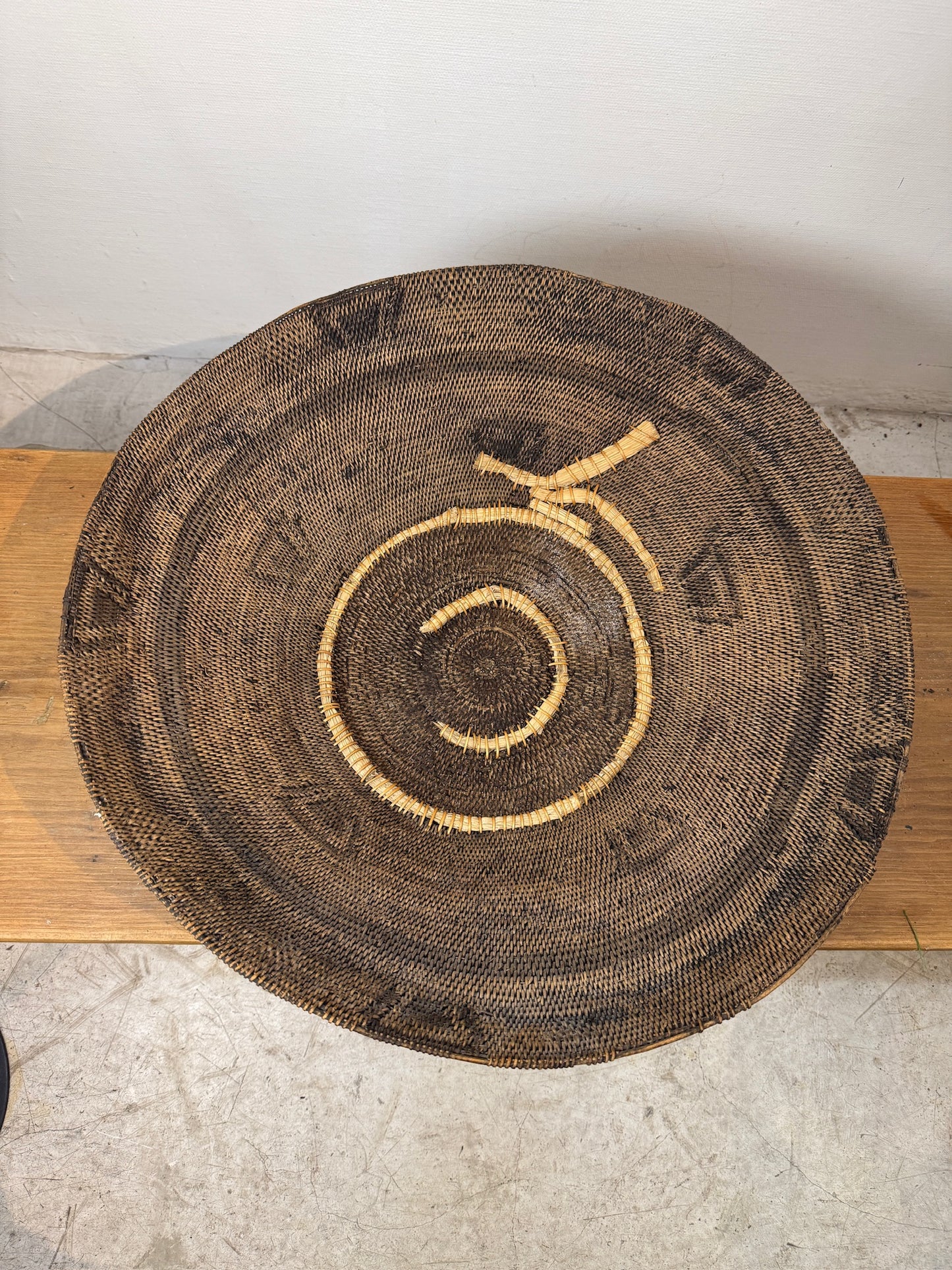 Rare Vintage Handwoven Basket with Organic Spiral & Tribal Motif