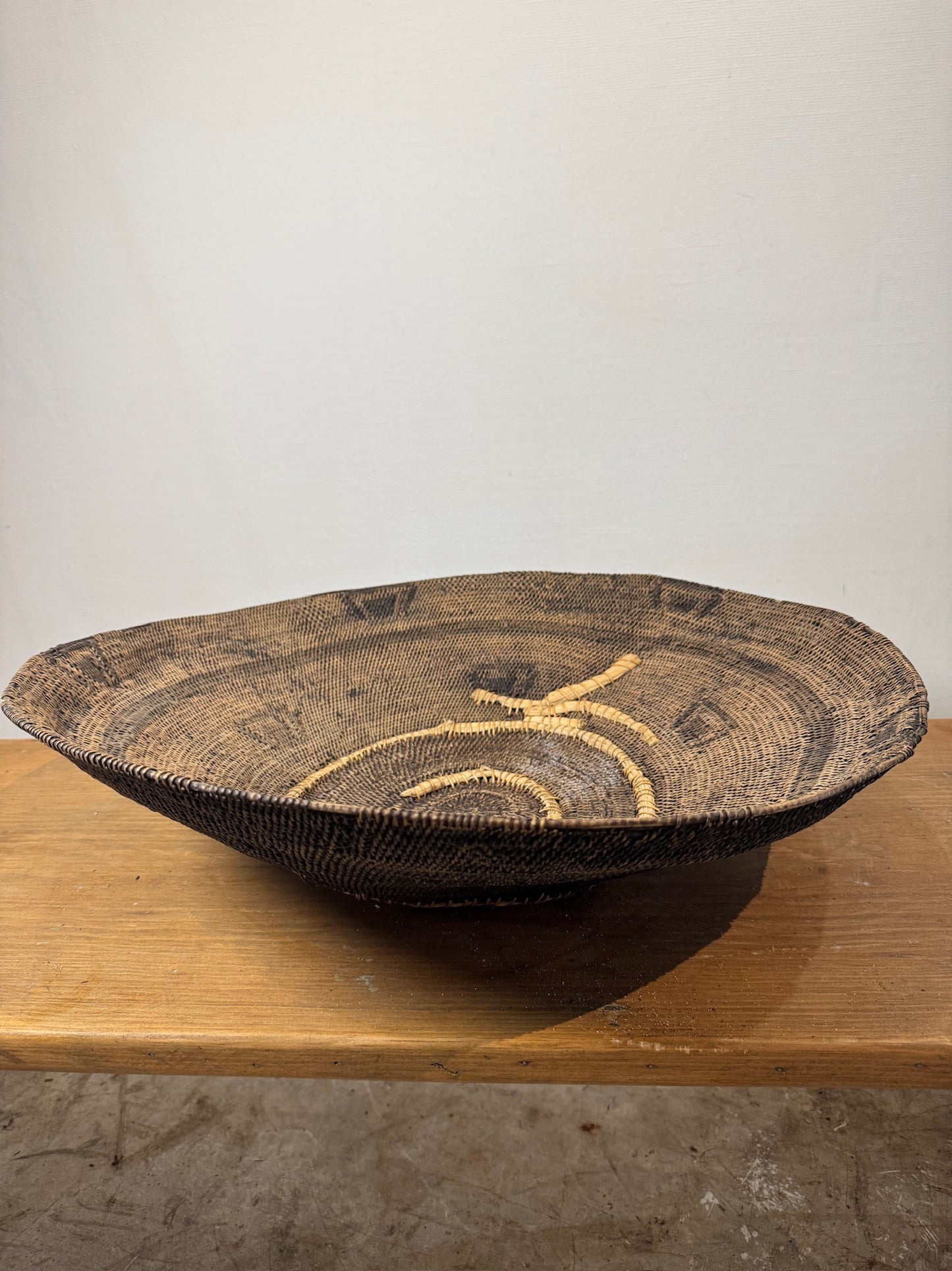 Rare Vintage Handwoven Basket with Organic Spiral & Tribal Motif
