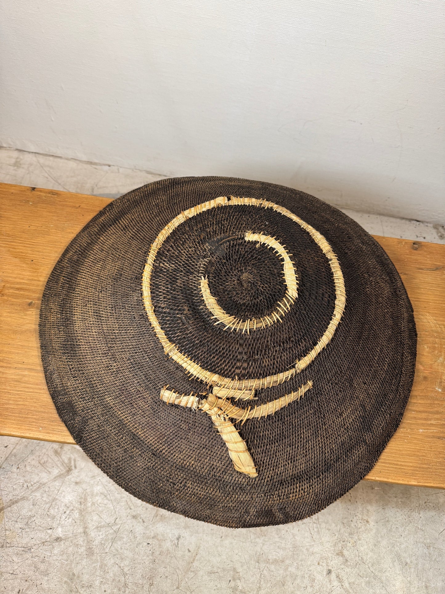 Rare Vintage Handwoven Basket with Organic Spiral & Tribal Motif