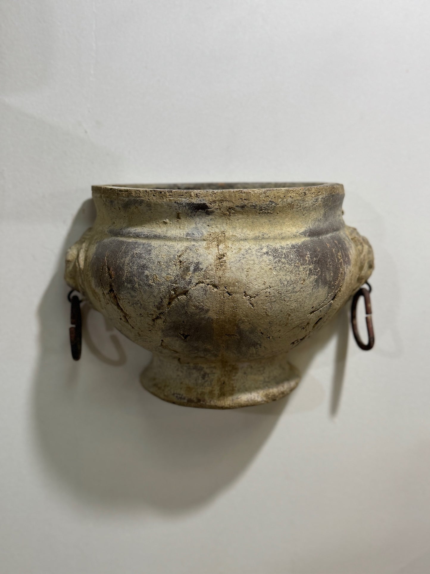 Pair of Aged Mediterranean-Style Wall Planters with Iron Ring Handles – Rustic Half-Moon Pottery Vessels
