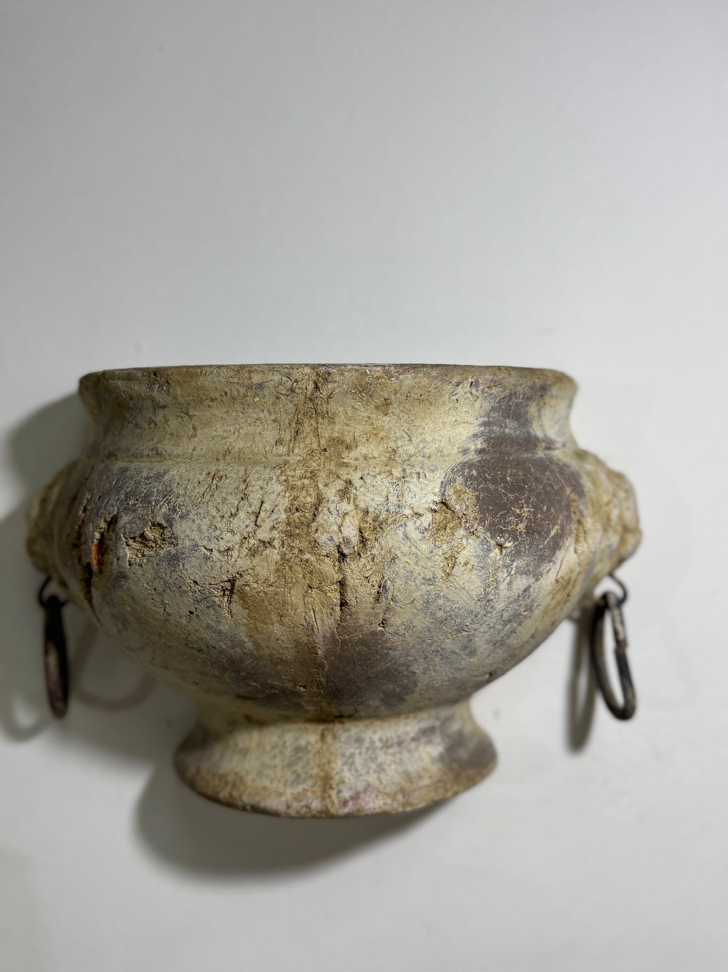 Pair of Aged Mediterranean-Style Wall Planters with Iron Ring Handles – Rustic Half-Moon Pottery Vessels