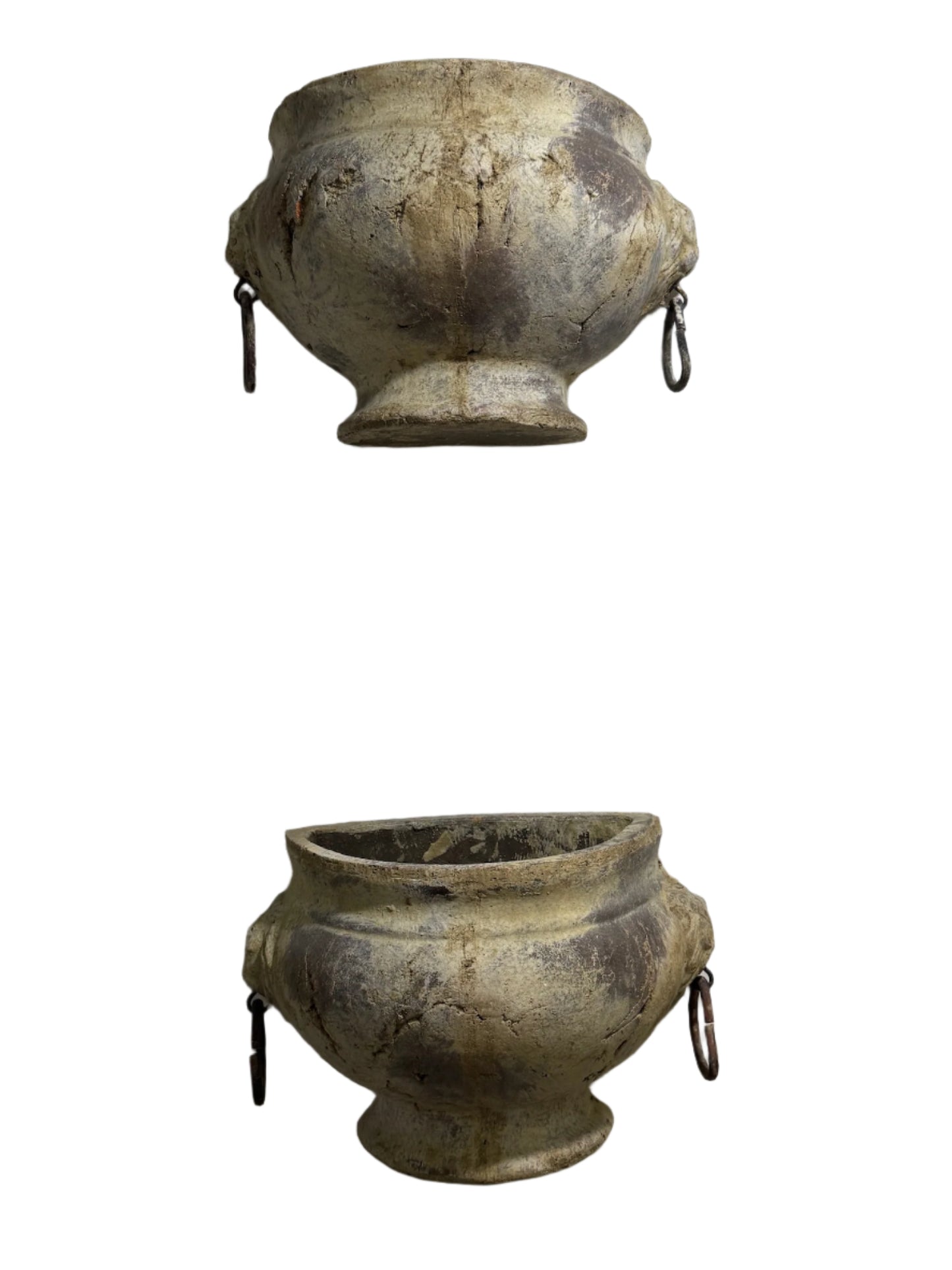 Pair of Aged Mediterranean-Style Wall Planters with Iron Ring Handles – Rustic Half-Moon Pottery Vessels