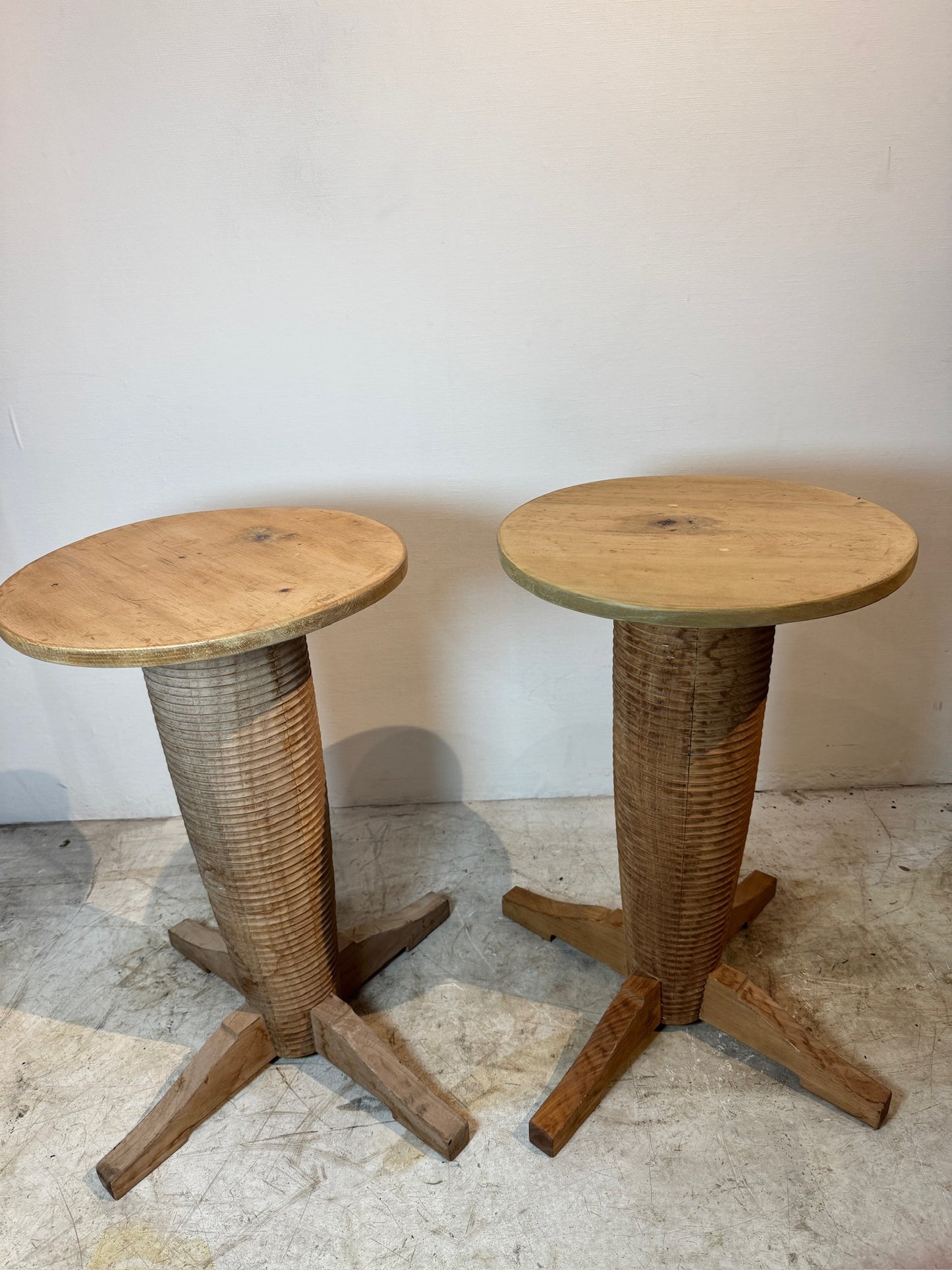 Pair of French Art Deco Style Oak Side Tables, Styled After Charles Dudouyt