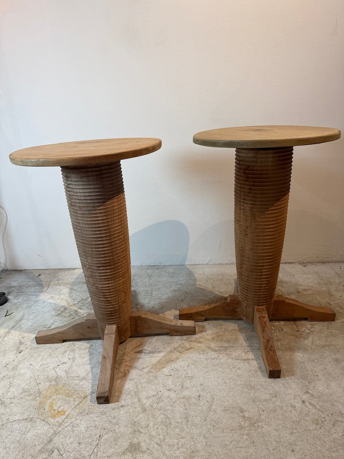 Pair of French Art Deco Style Oak Side Tables, Styled After Charles Dudouyt