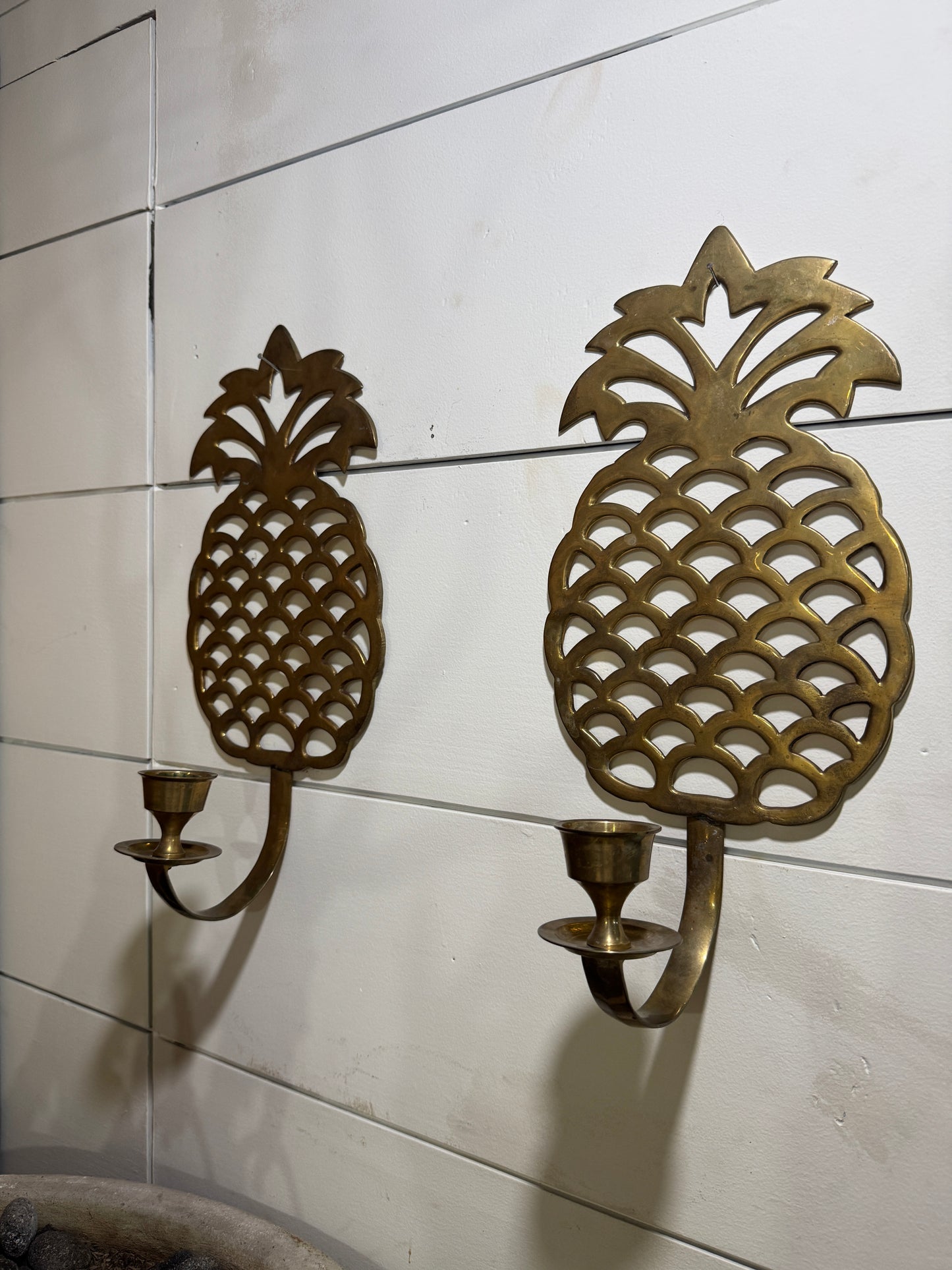 Pair of Vintage Brass Pineapple Wall Candle Sconces