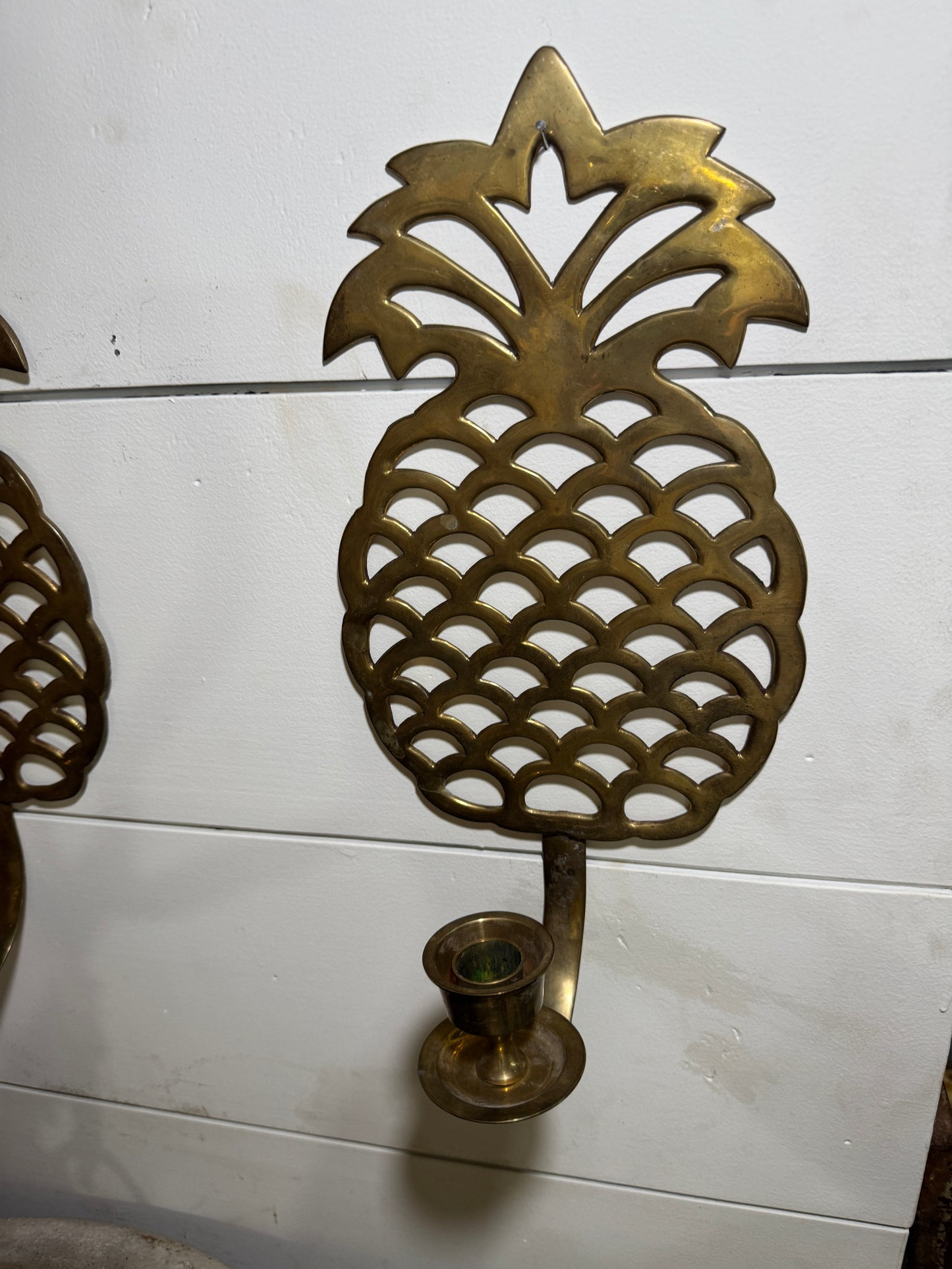 Pair of Vintage Brass Pineapple Wall Candle Sconces