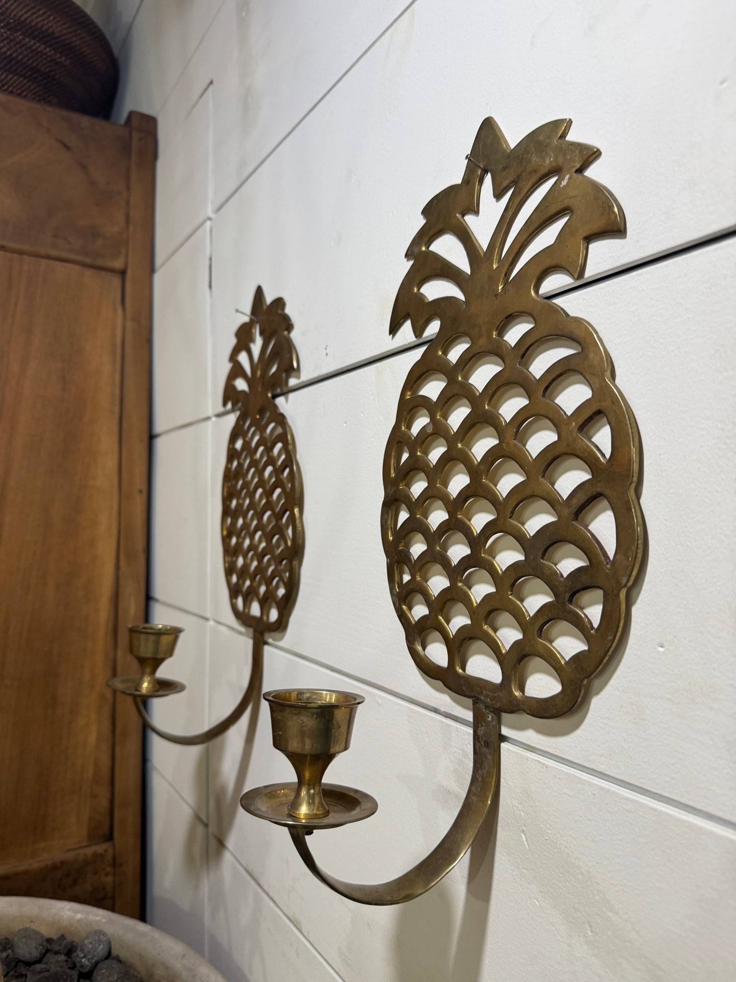 Pair of Vintage Brass Pineapple Wall Candle Sconces