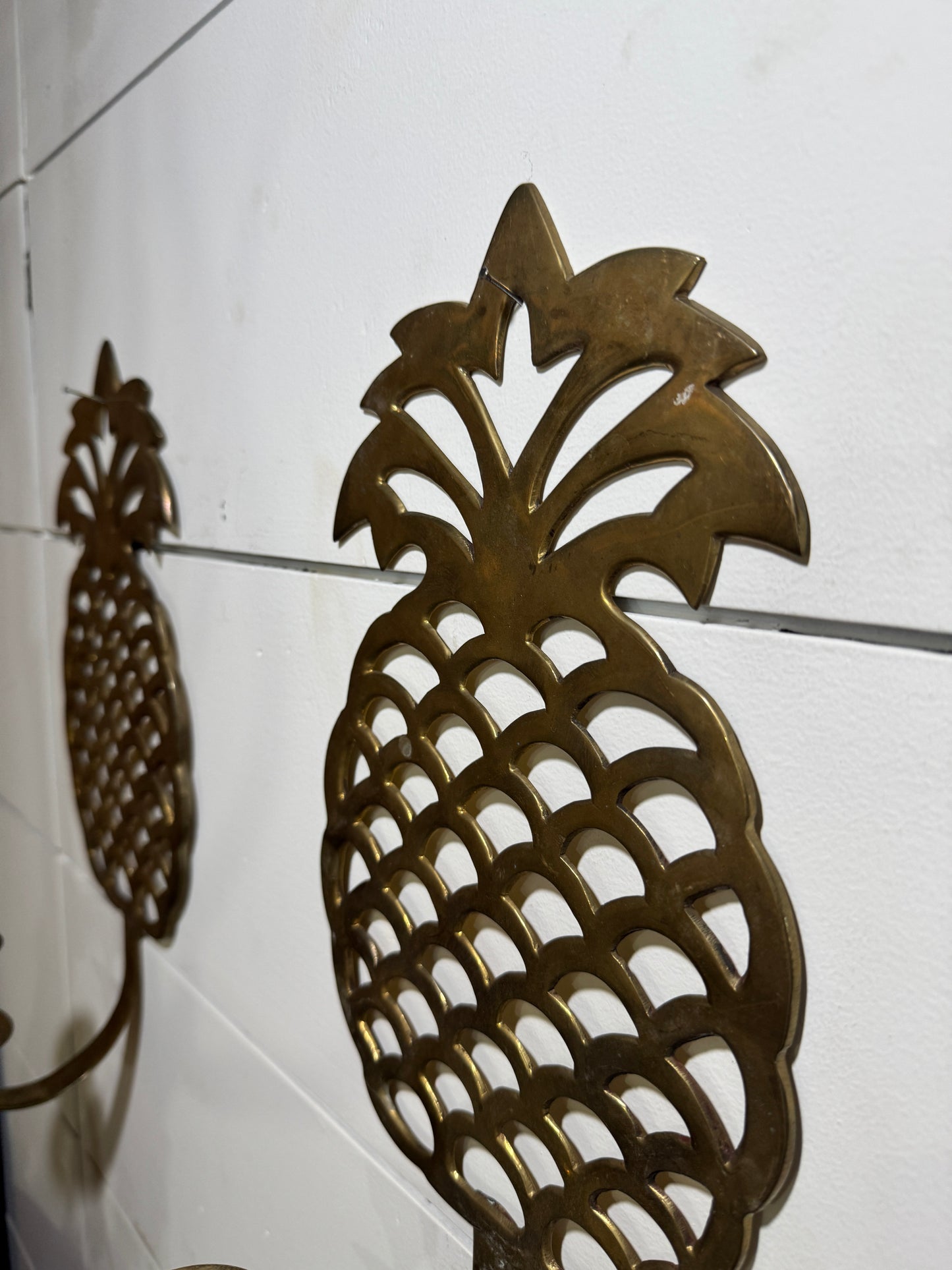 Pair of Vintage Brass Pineapple Wall Candle Sconces