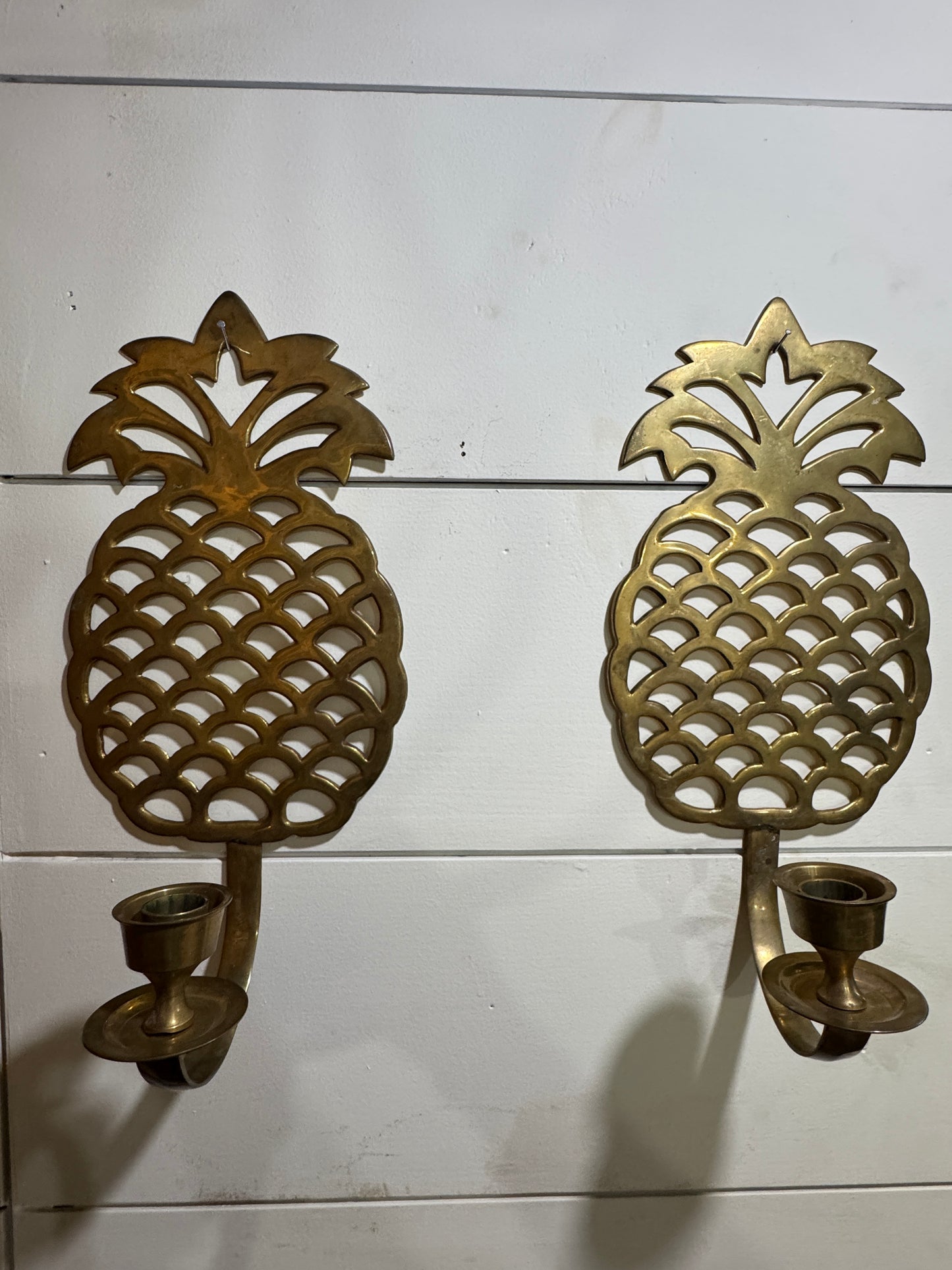 Pair of Vintage Brass Pineapple Wall Candle Sconces