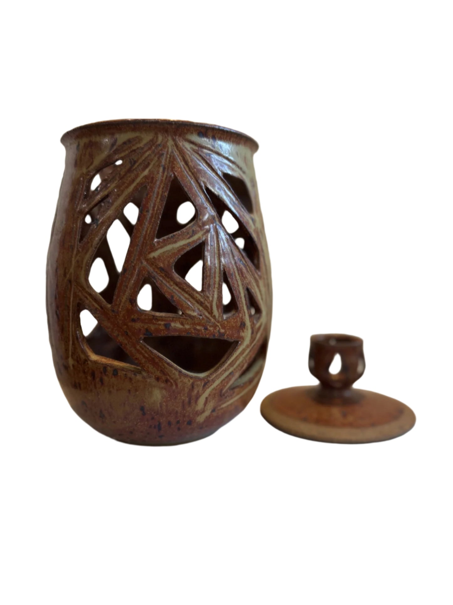 Vintage Ceramic Vase with Lid and Geometric Cutout Design