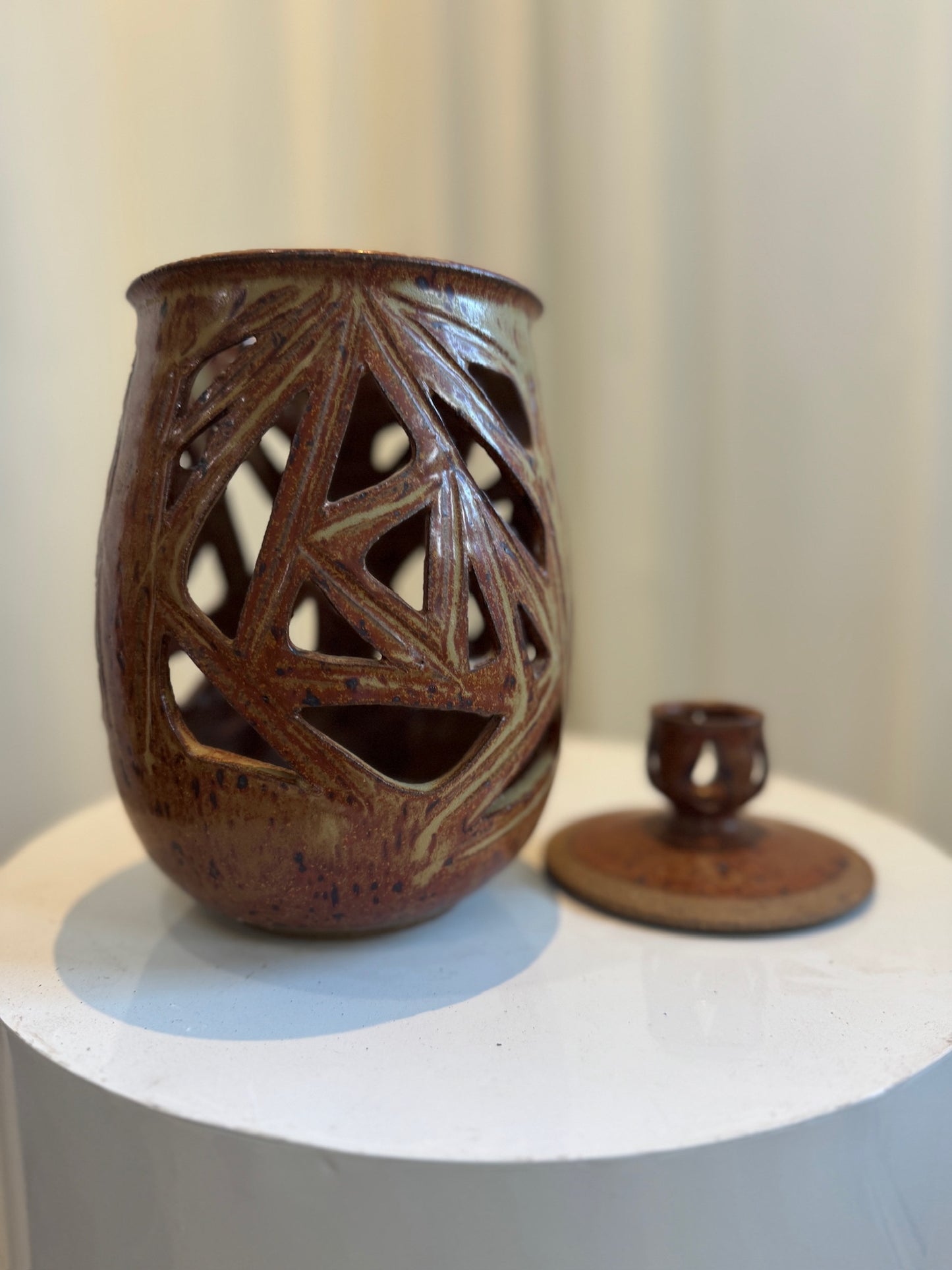 Vintage Ceramic Vase with Lid and Geometric Cutout Design
