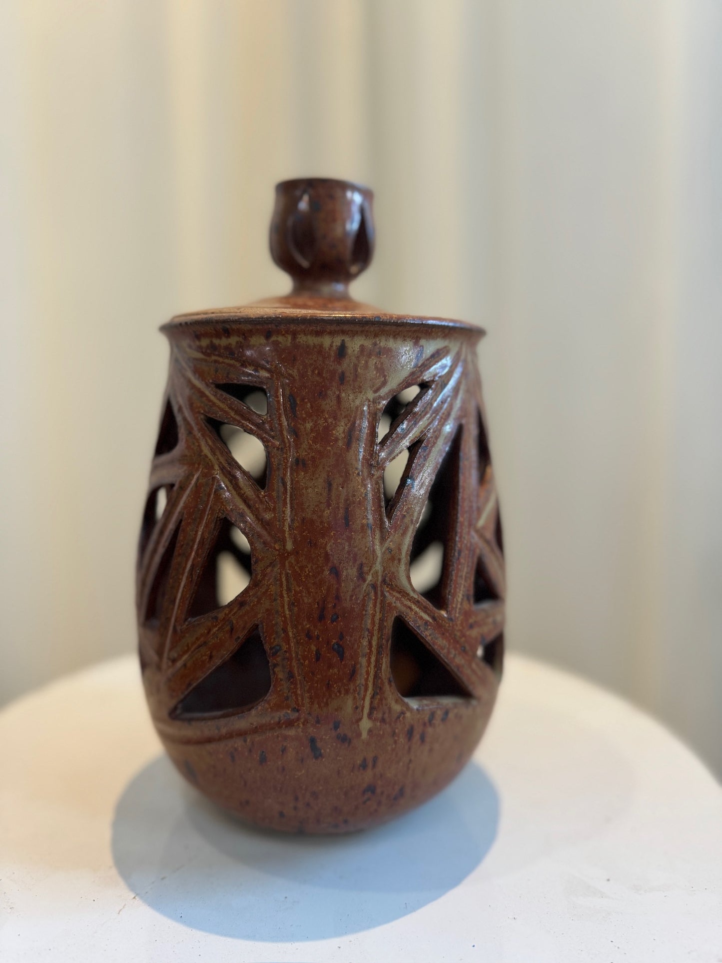 Vintage Ceramic Vase with Lid and Geometric Cutout Design