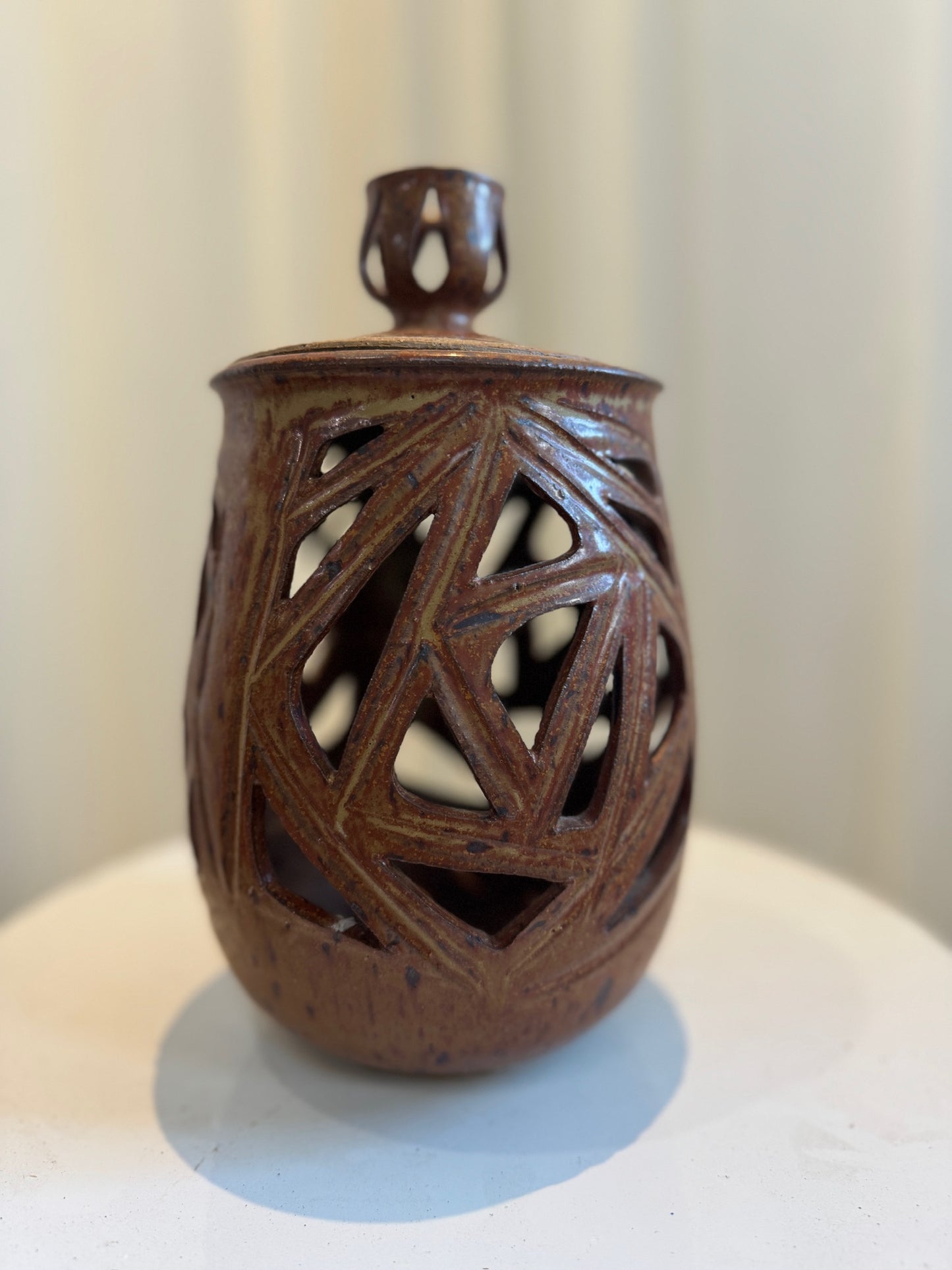 Vintage Ceramic Vase with Lid and Geometric Cutout Design