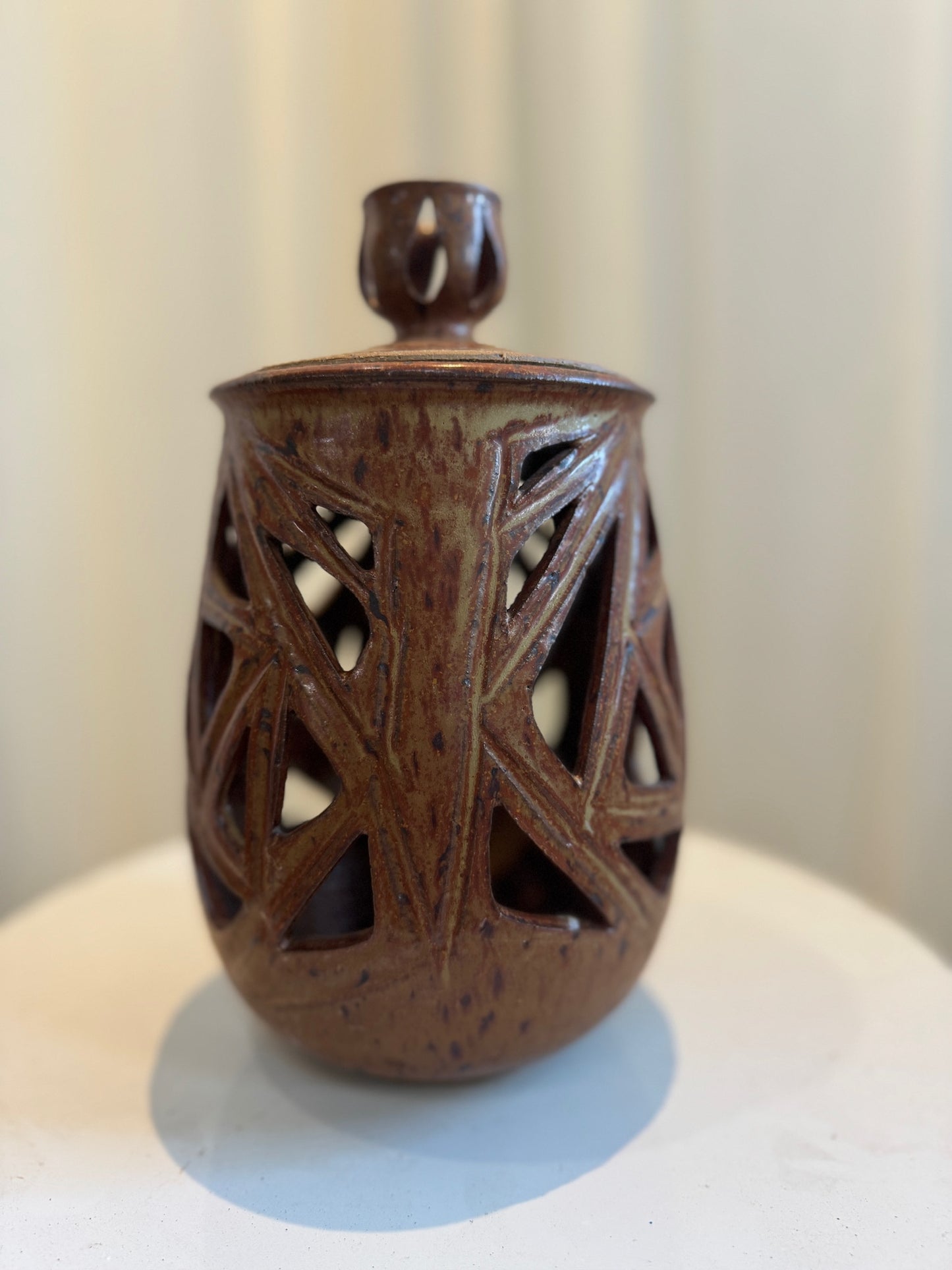 Vintage Ceramic Vase with Lid and Geometric Cutout Design