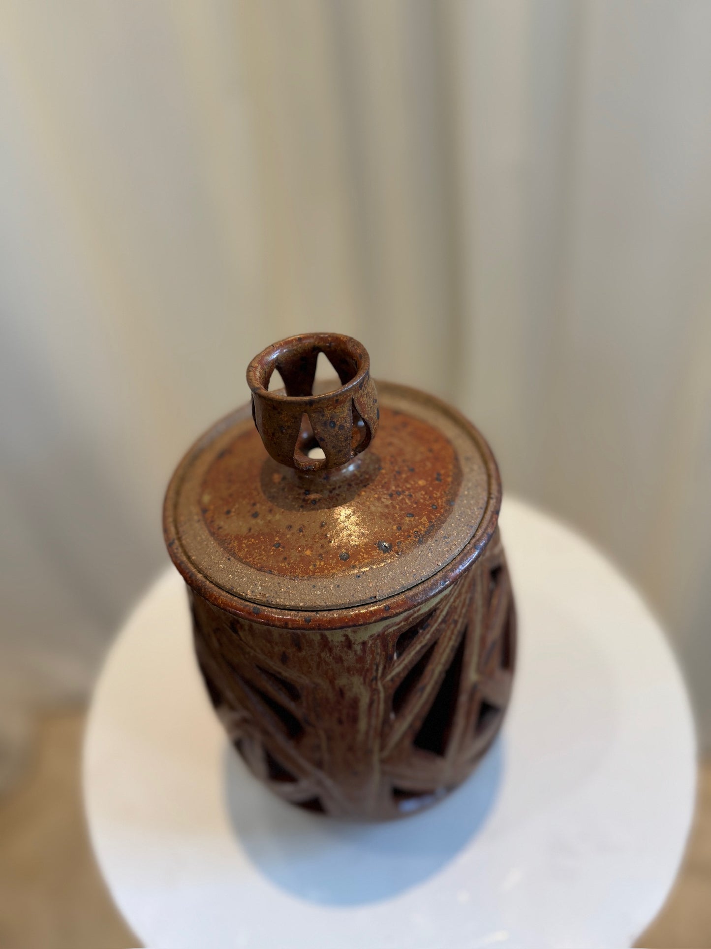 Vintage Ceramic Vase with Lid and Geometric Cutout Design