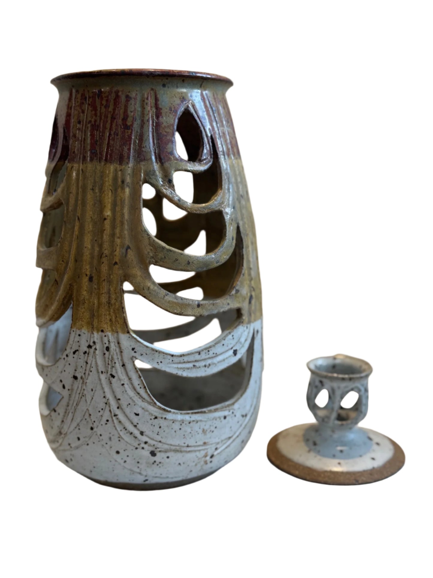 Sculptural Studio Pottery Vase with Lid and Organic Cutouts