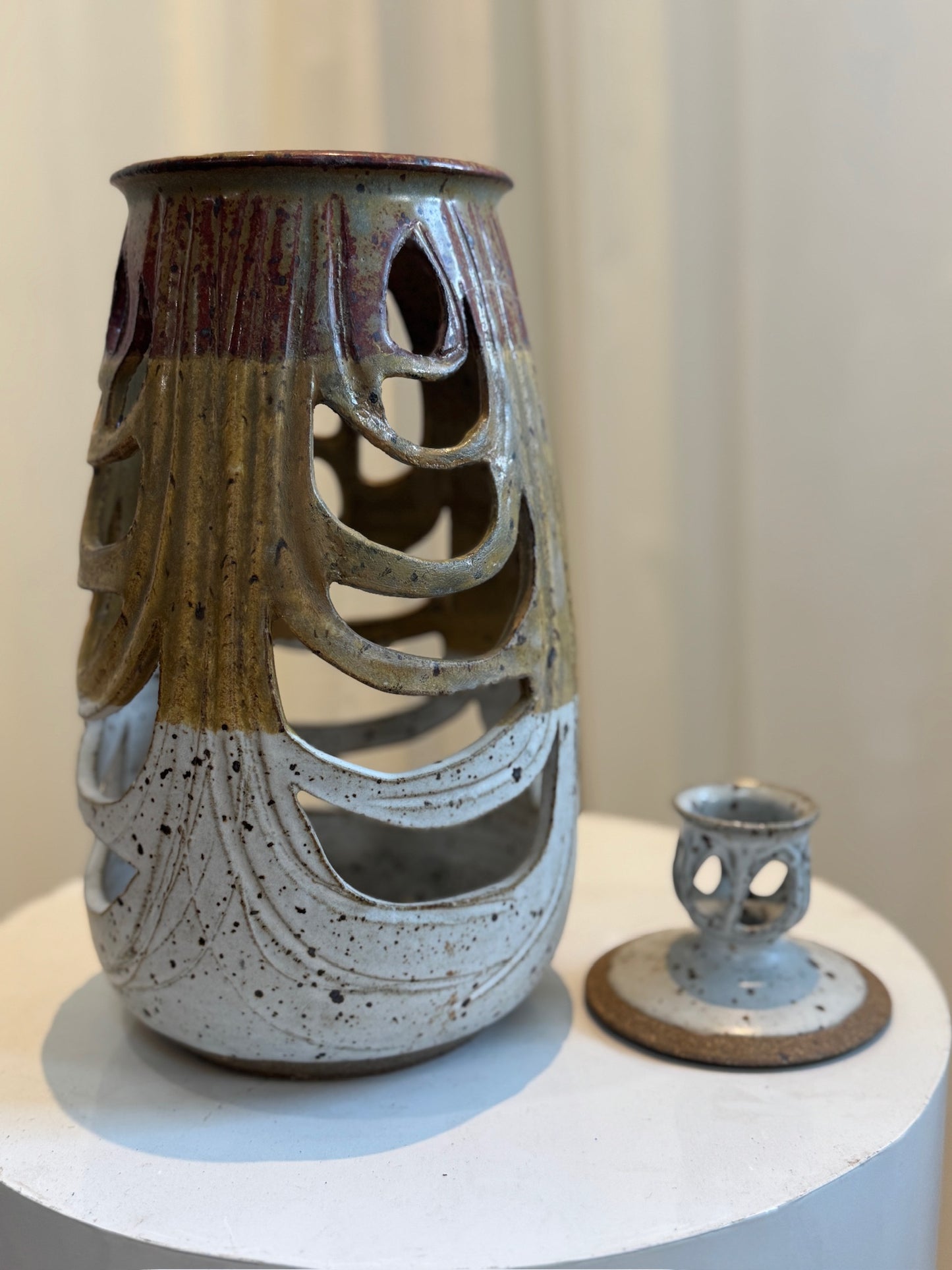 Sculptural Studio Pottery Vase with Lid and Organic Cutouts