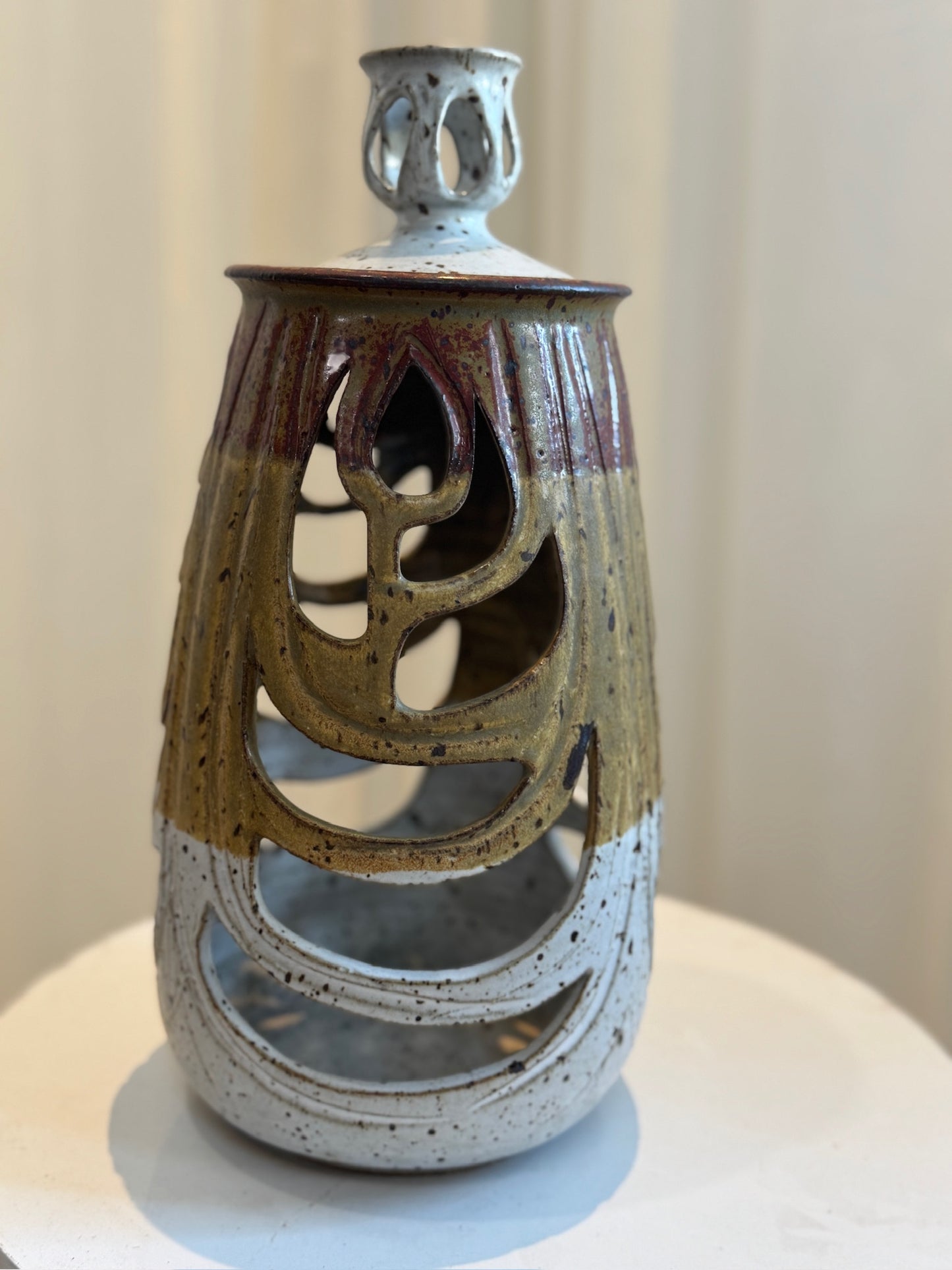Sculptural Studio Pottery Vase with Lid and Organic Cutouts