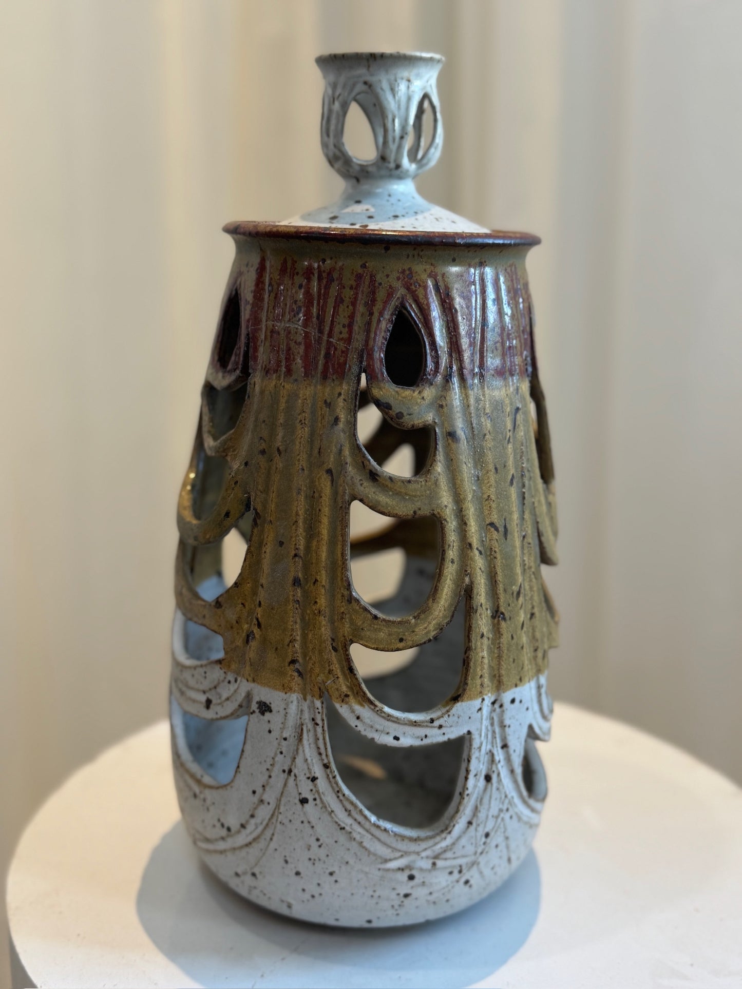 Sculptural Studio Pottery Vase with Lid and Organic Cutouts